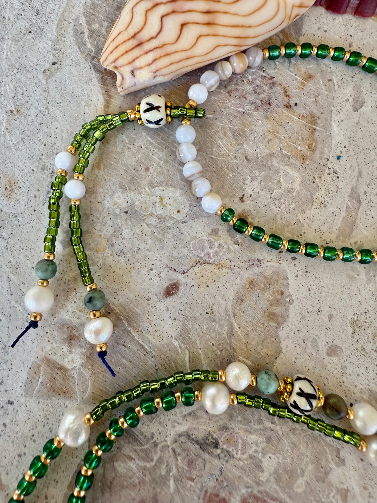 Green Seed Bead Pukka Shell White Cross Necklace