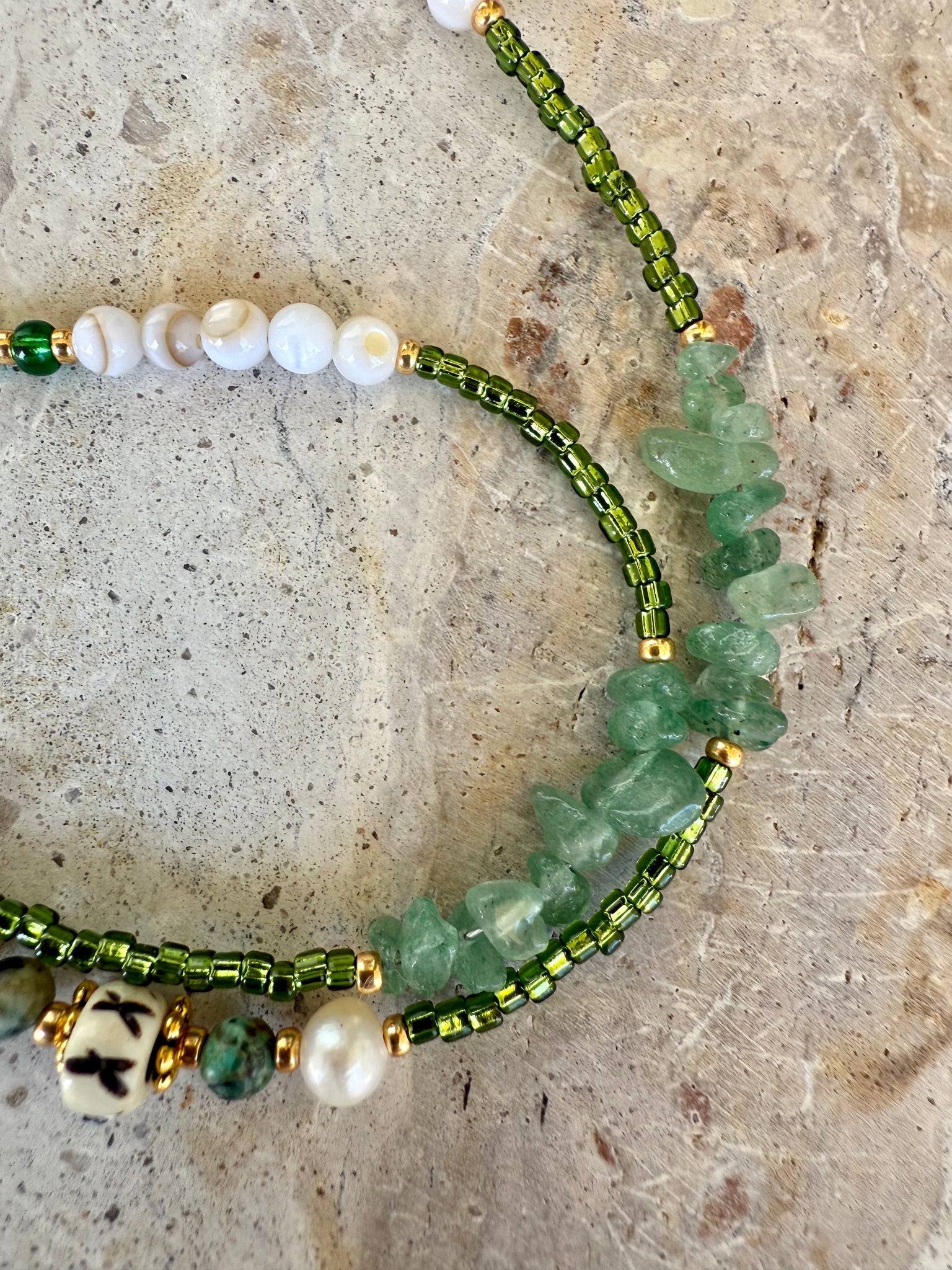 Green Seed Bead Pukka Shell White Cross Necklace
