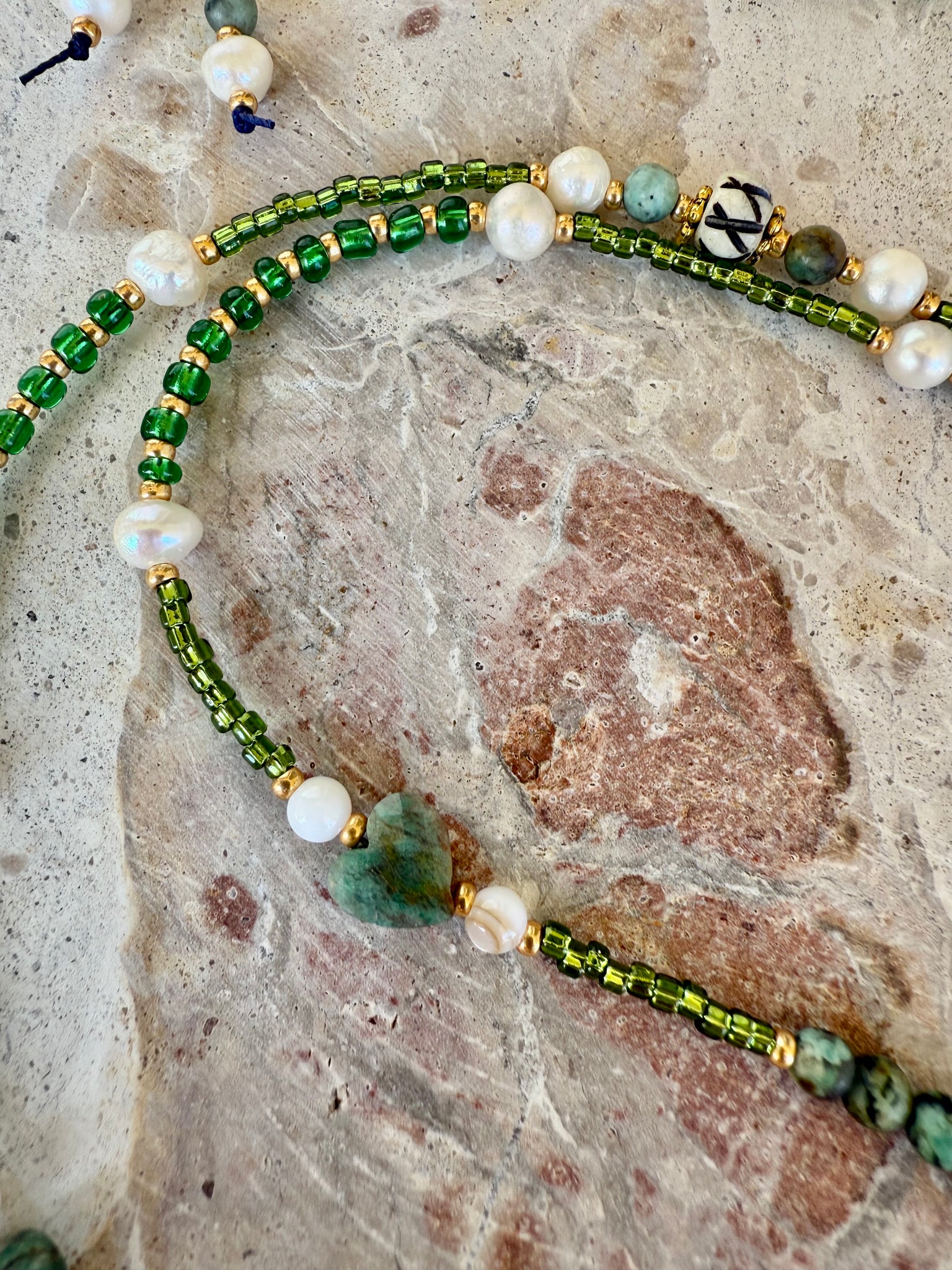 Green Seed Bead Pukka Shell White Cross Necklace