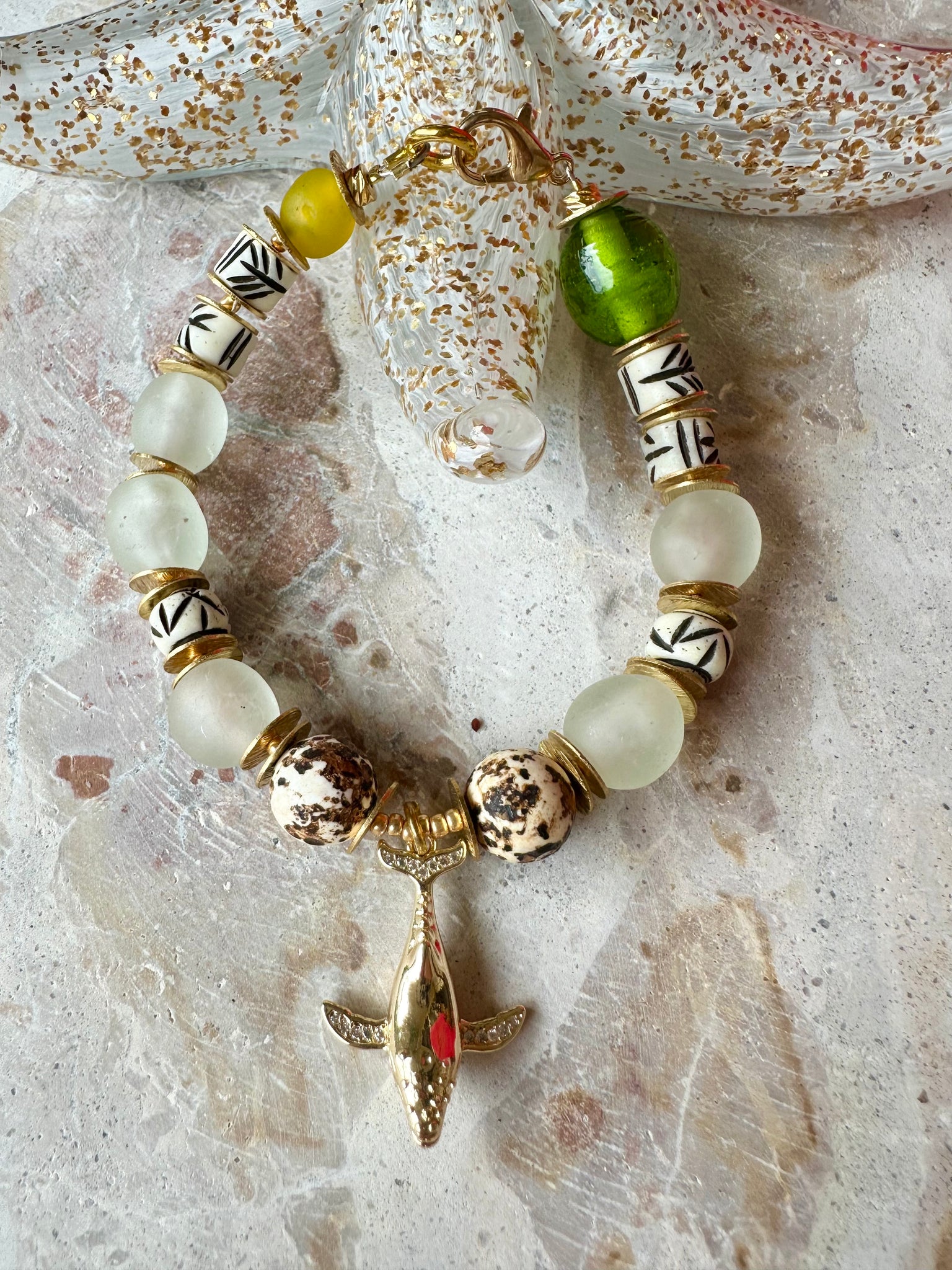 Beach Whale Charm Beaded Glass Bracelet