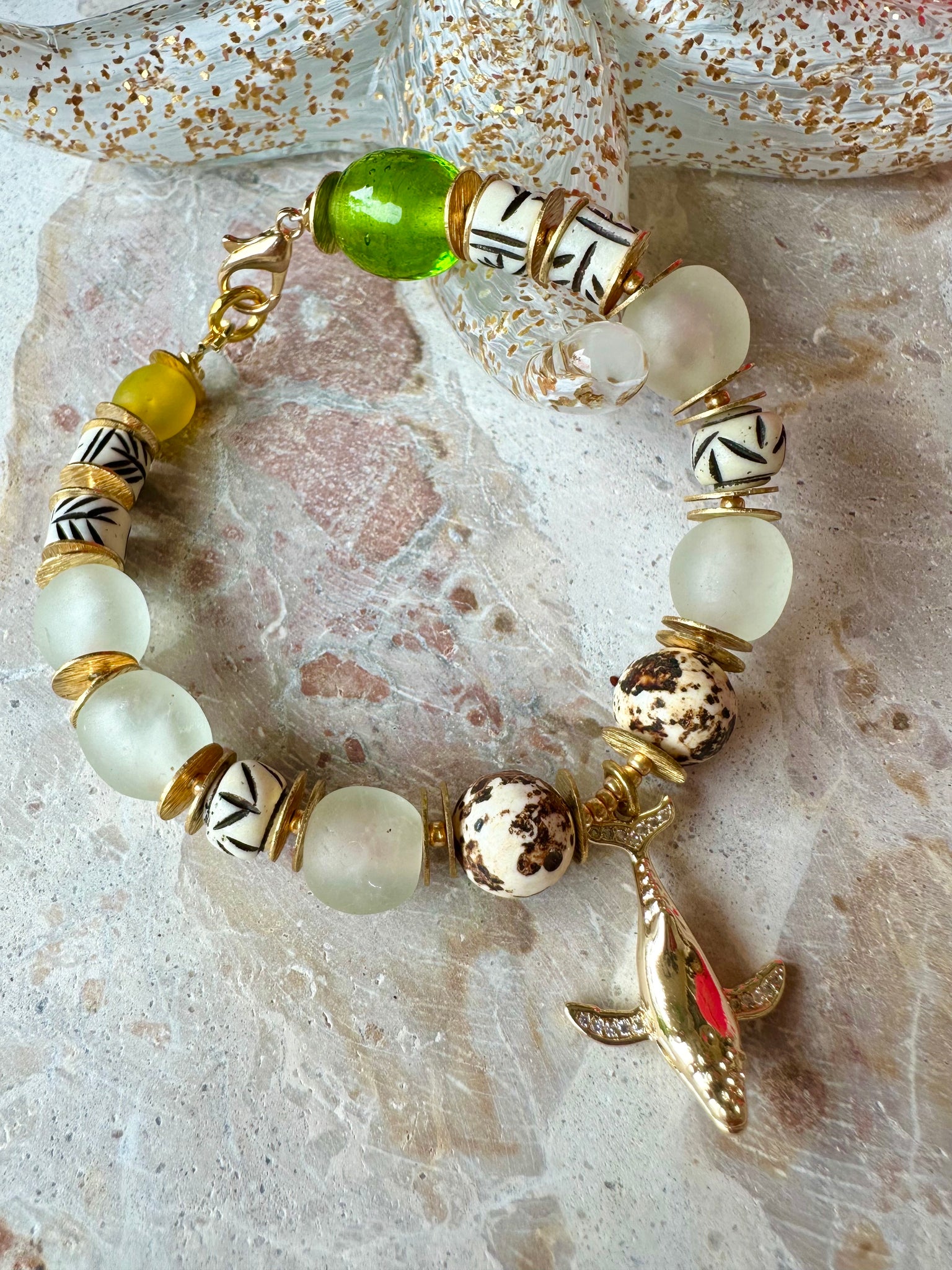 Beach Whale Charm Beaded Glass Bracelet