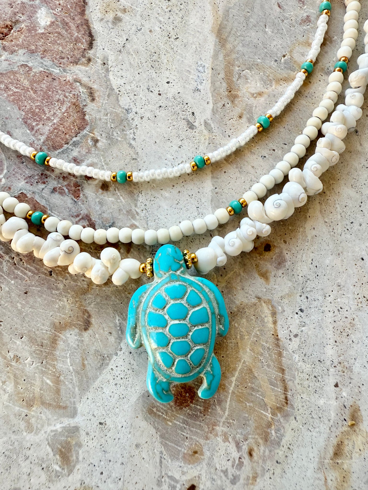 Turquoise White Shell Beaded Charm Necklace