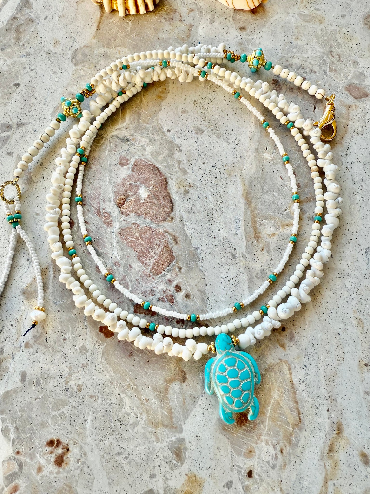 Turquoise White Shell Beaded Charm Necklace
