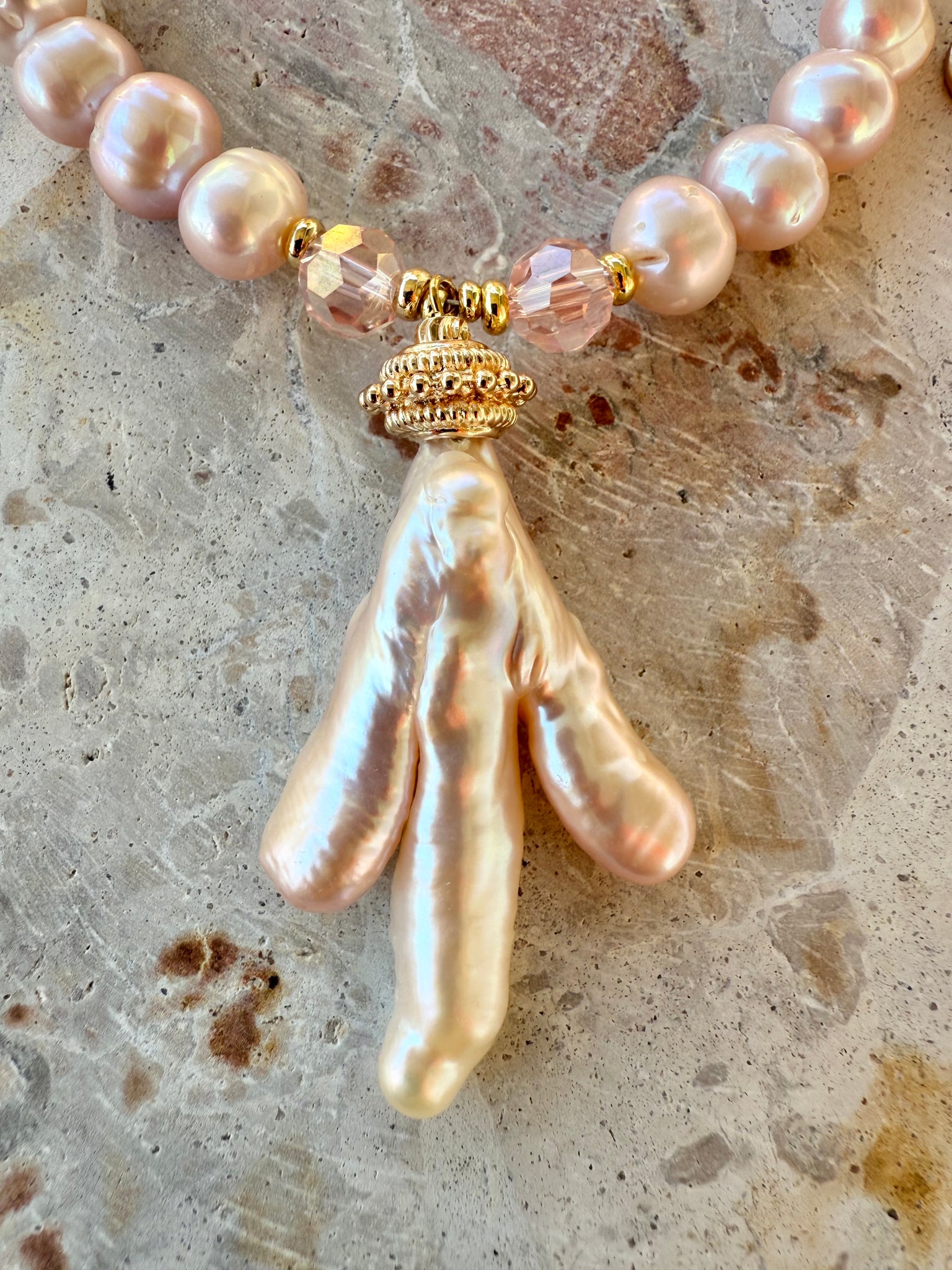Blush Pink Baroque Pearl Crystal Necklace.