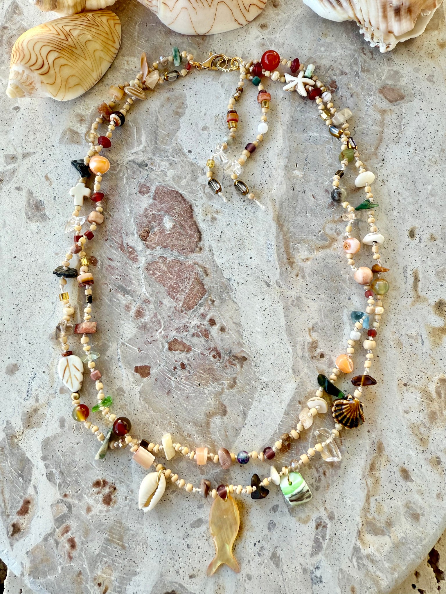 Shell Beaded Knotted Stone Necklace