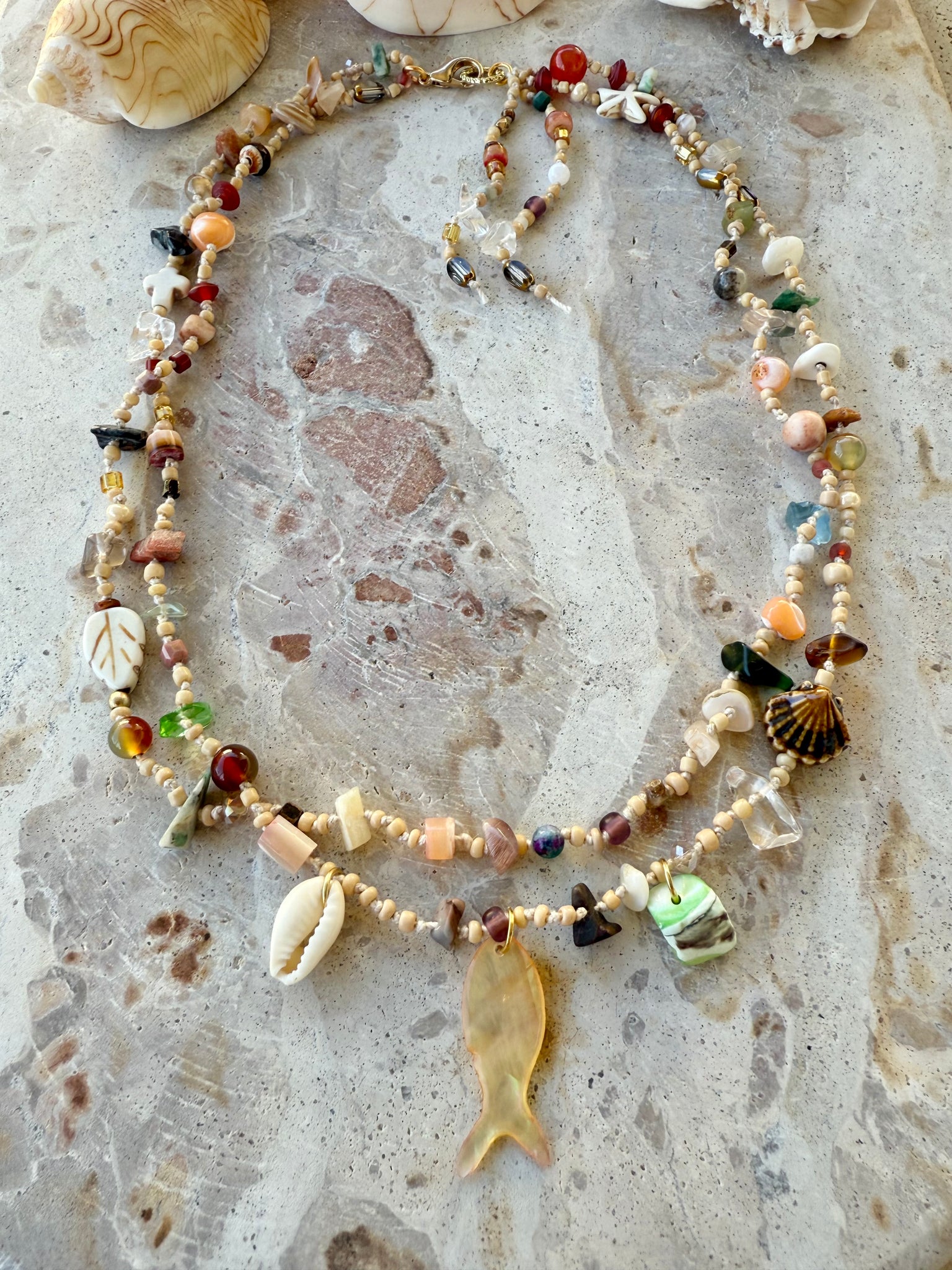Shell Beaded Knotted Stone Necklace