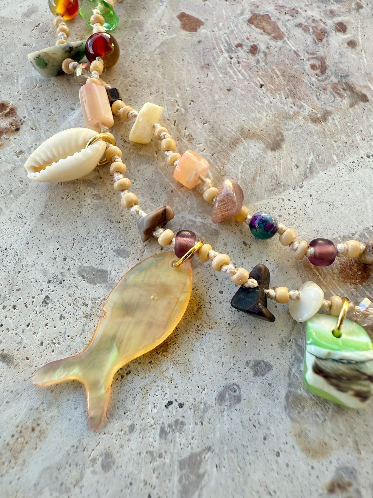 Shell Beaded Knotted Stone Necklace