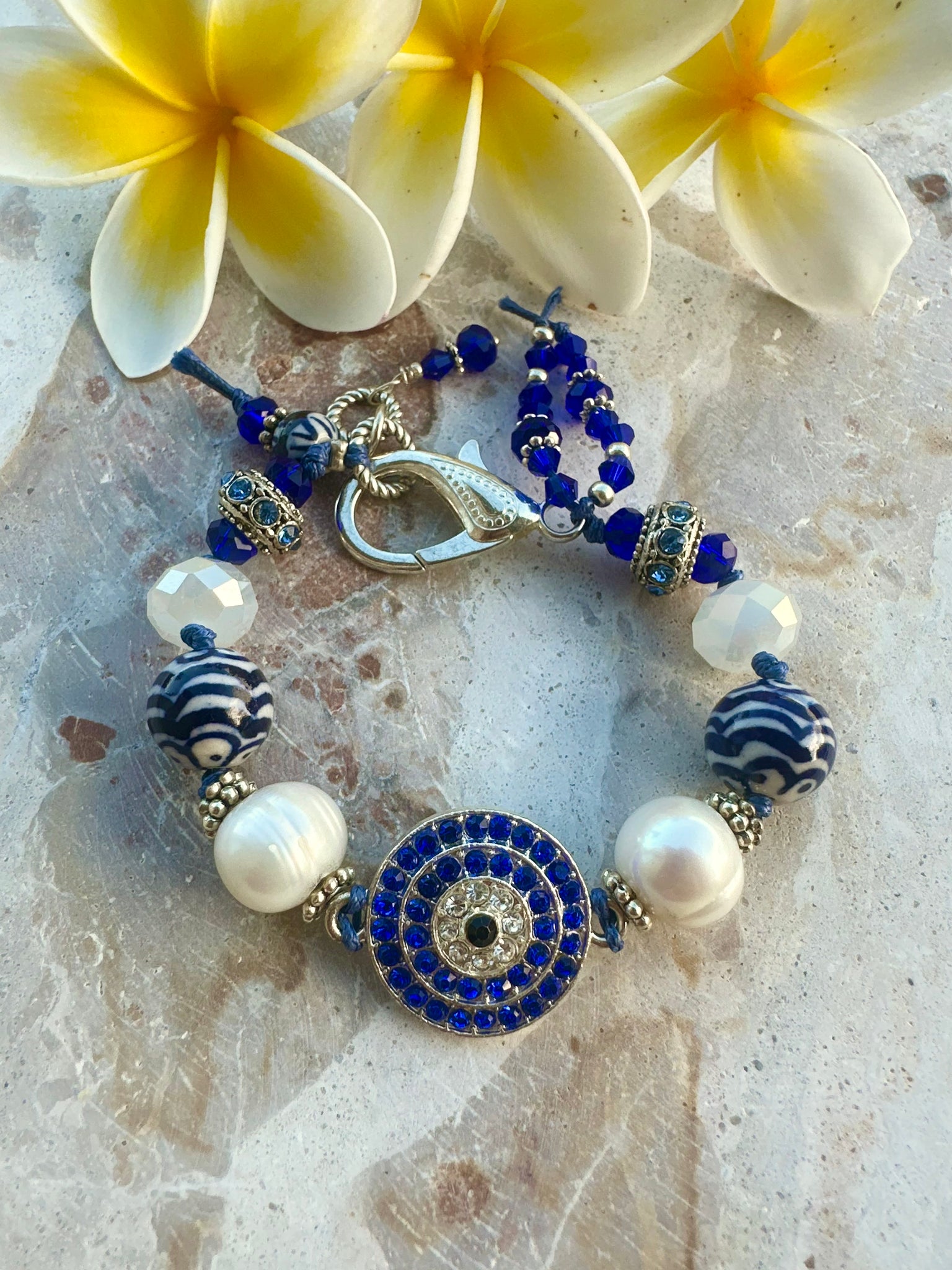 Greek Evil Eye Blue White Crystal Bracelet