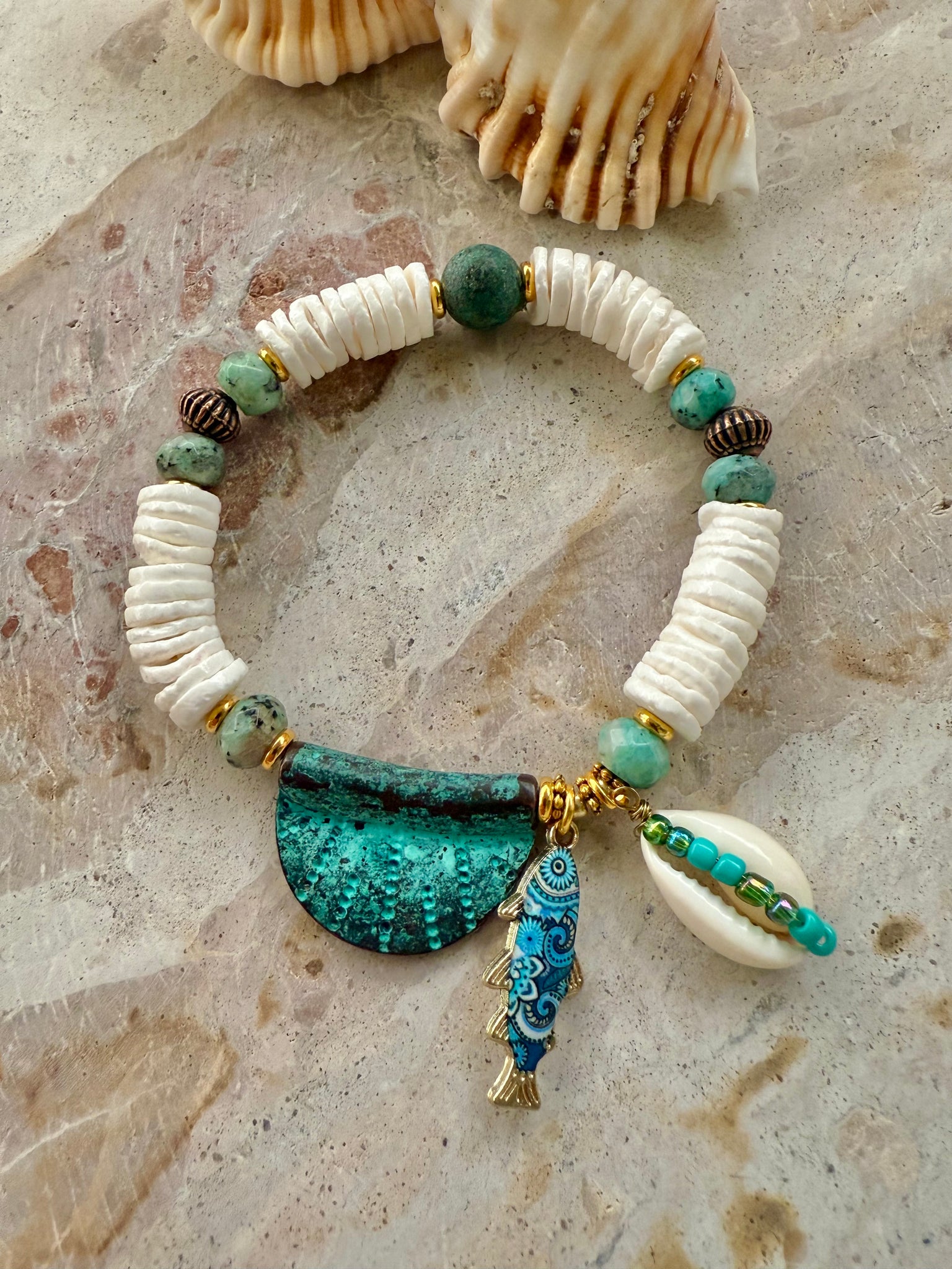Vintage Charm Shell Turquoise Stone Bracelet