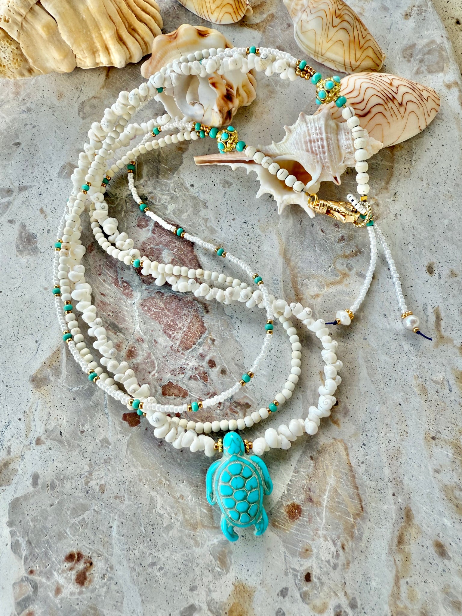 Turquoise White Shell Beaded Charm Necklace