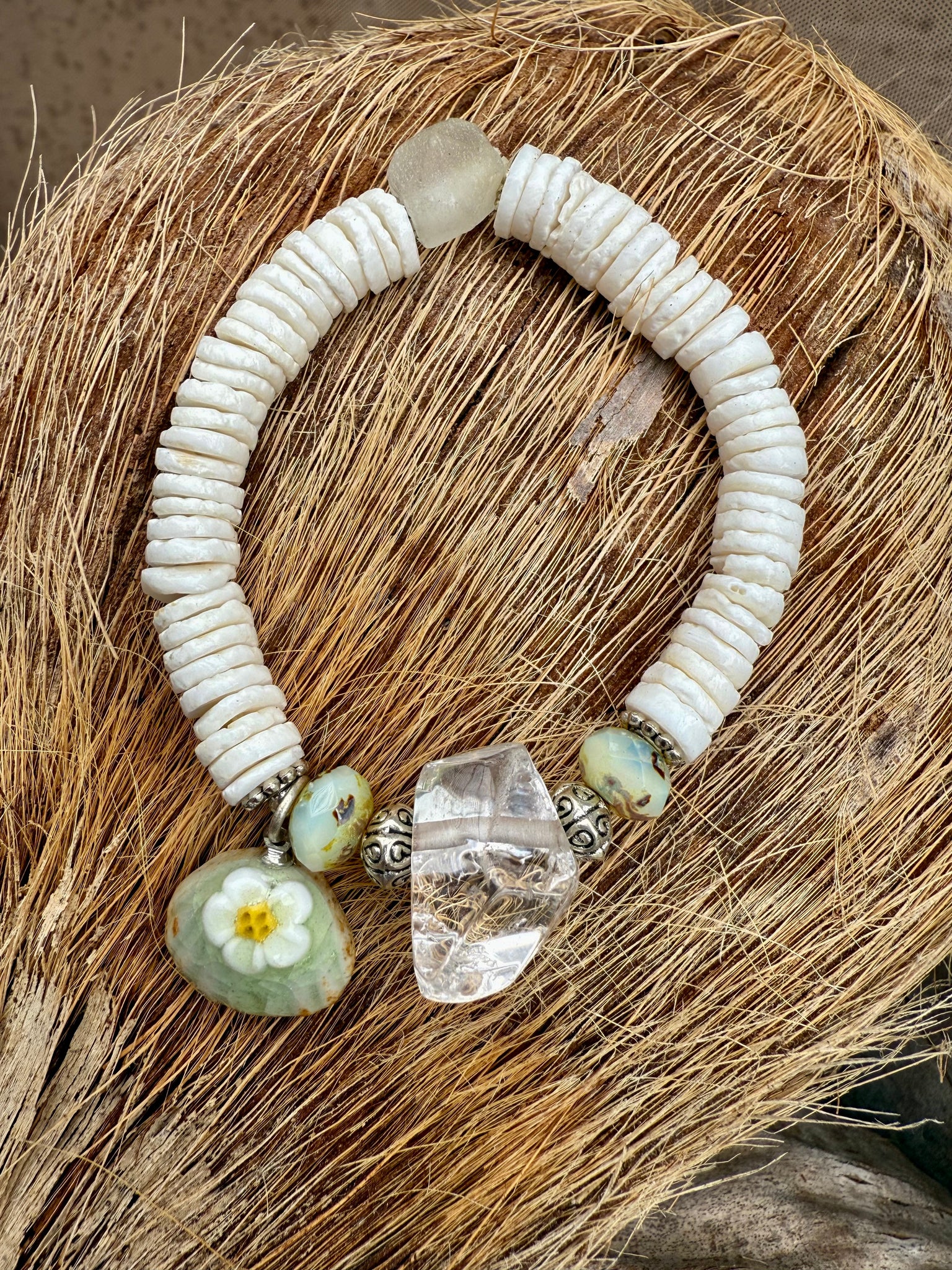Quartz Crystal White Shell Charm Bracelet