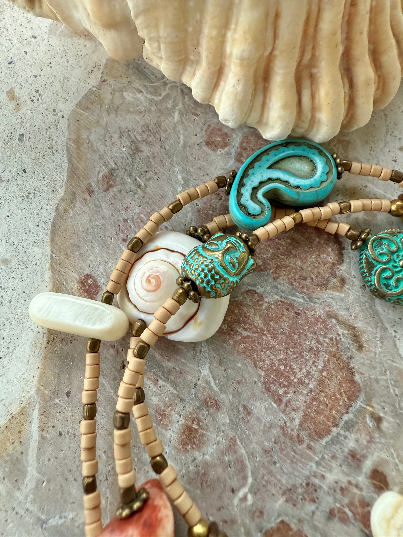 Shell Charm Boho Seed Bead Wrap Bracelet