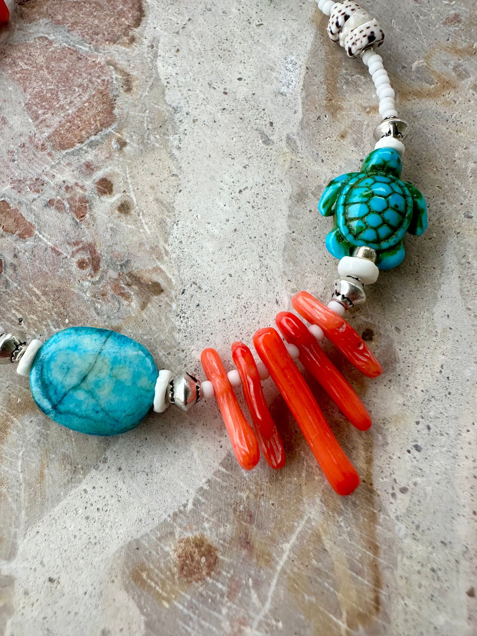 Turquoise Stone Red Shell Seed Bead Necklace