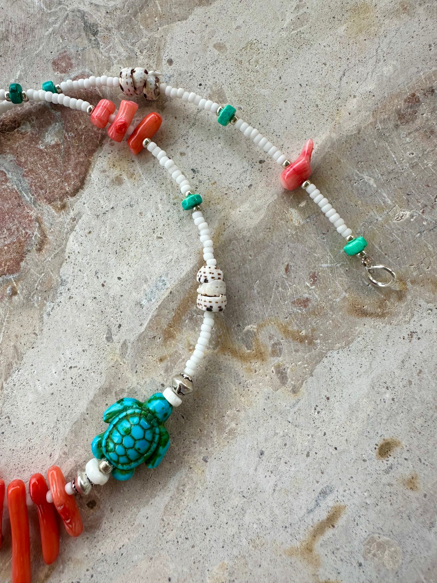 Turquoise Stone Red Shell Seed Bead Necklace