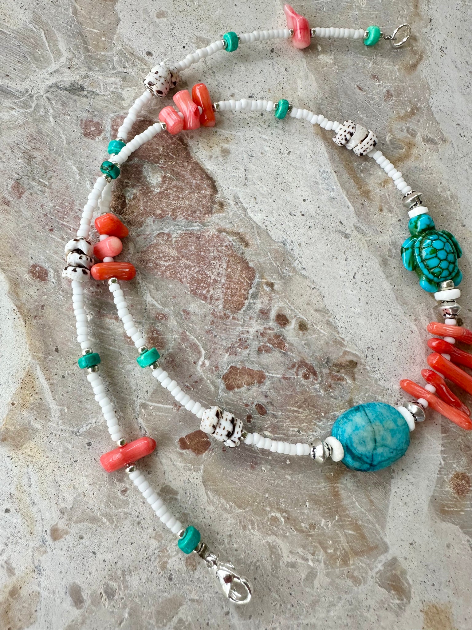 Turquoise Stone Red Shell Seed Bead Necklace