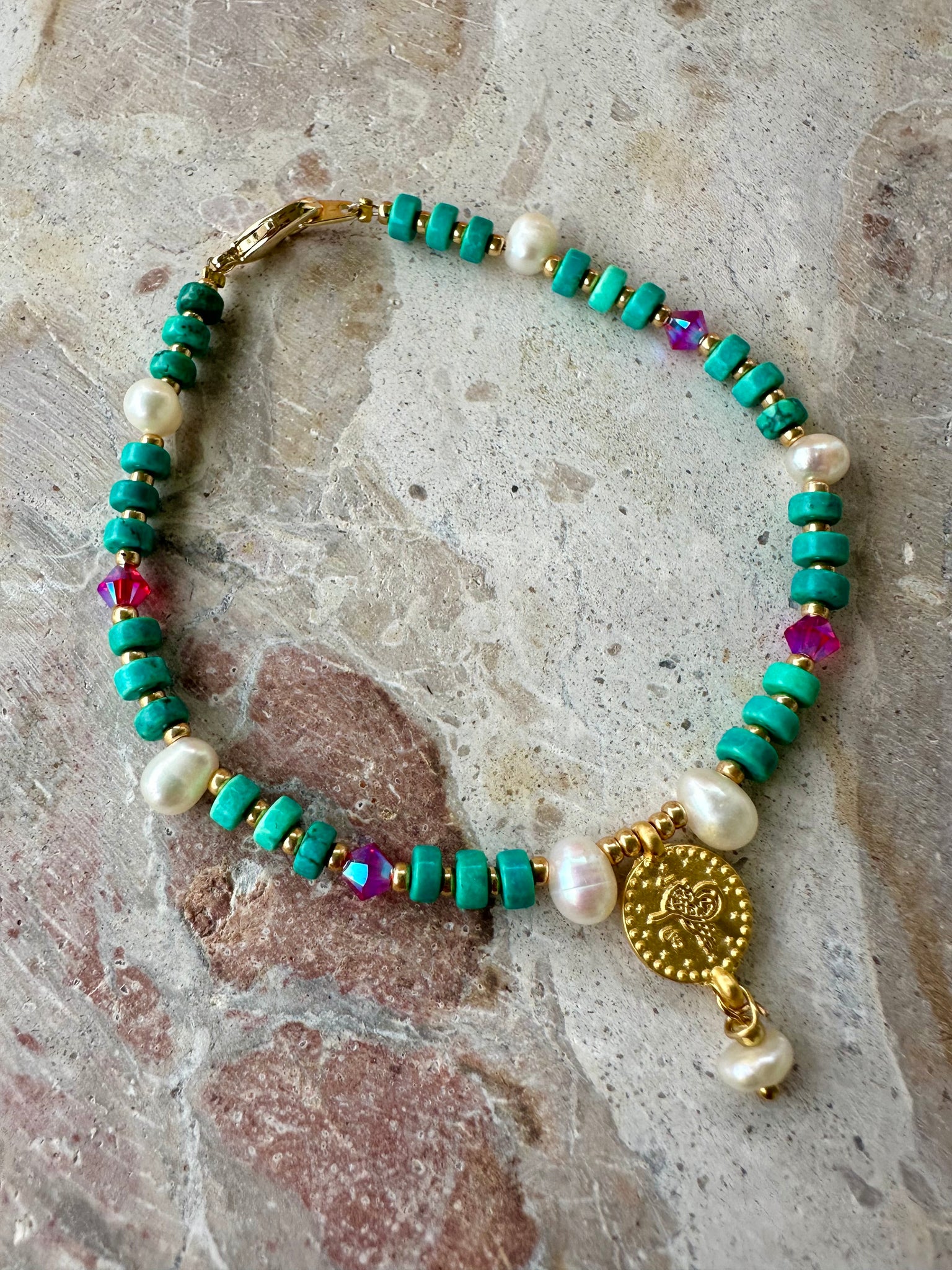Turquoise Stone Beaded Pearl Bracelet