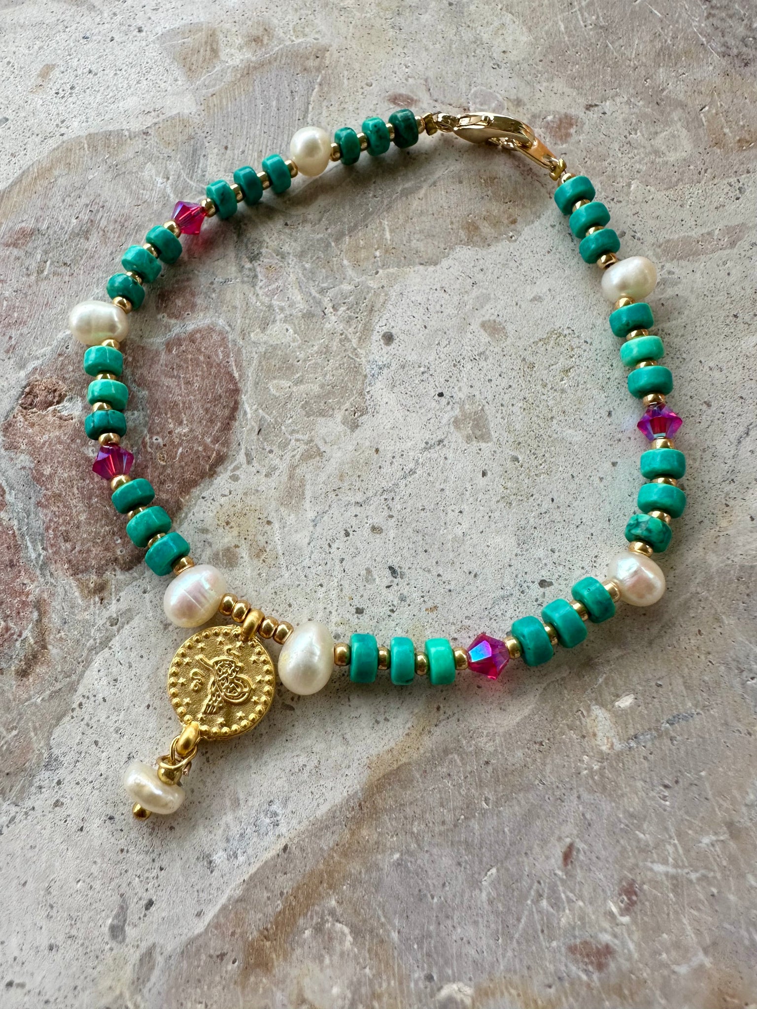 Turquoise Stone Beaded Pearl Bracelet