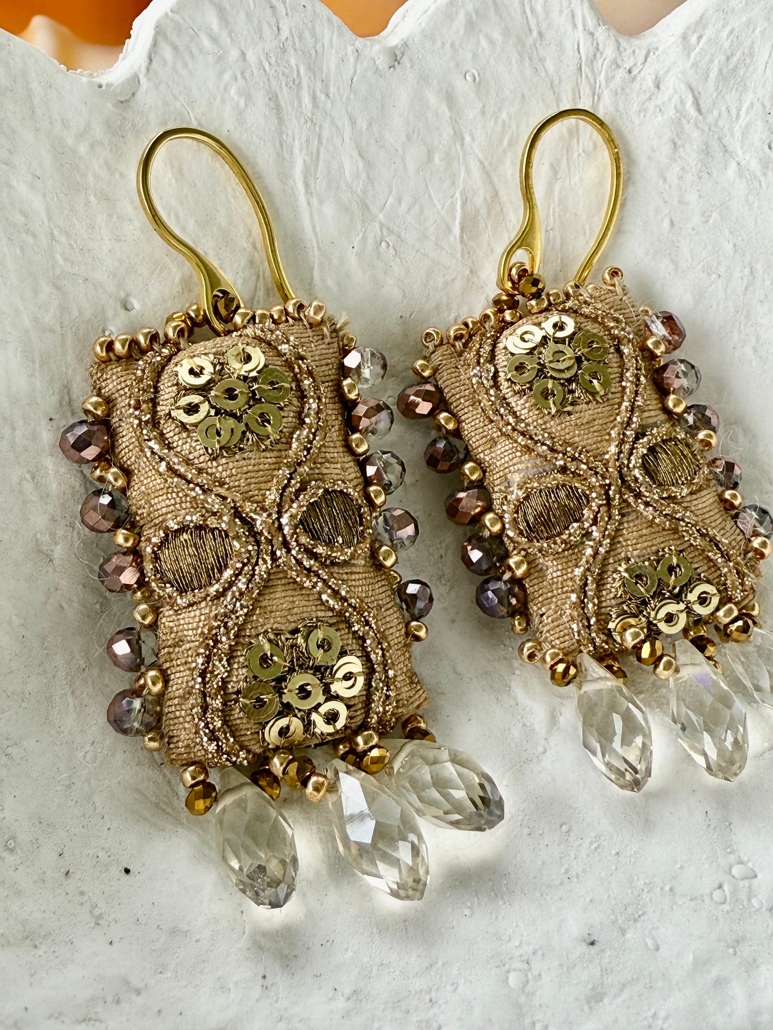 Moroccan Crystal Embroidered Gold Earrings
