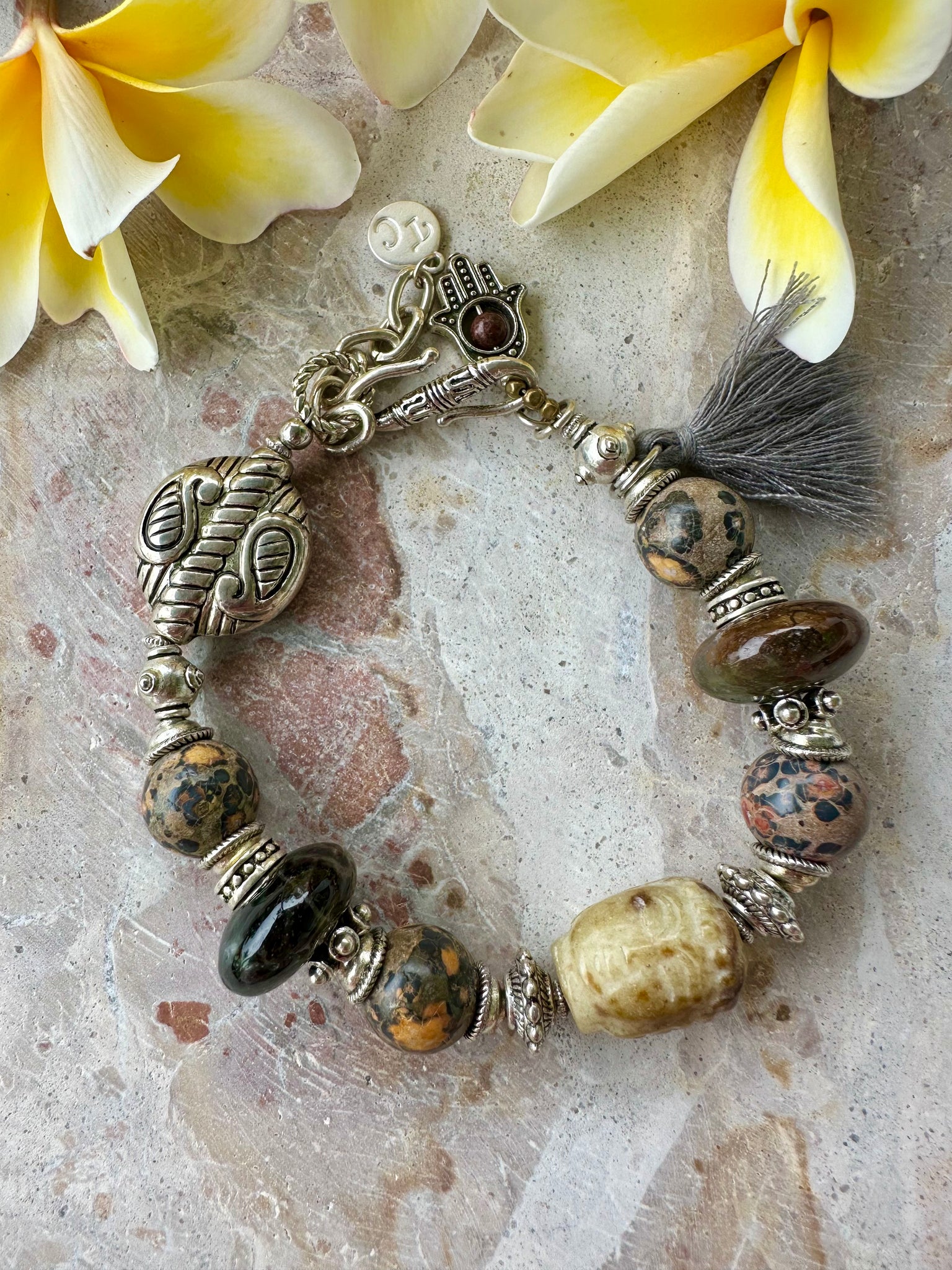 Indian Silver Buddhist Head Stone Bracelet
