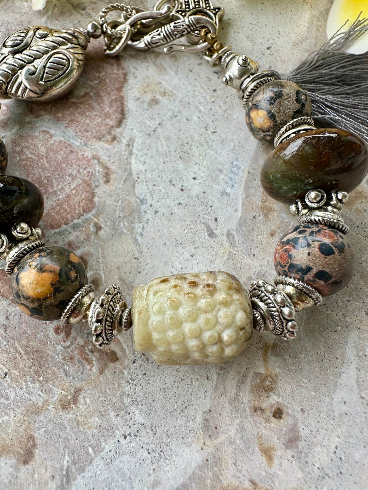 Indian Silver Buddhist Head Stone Bracelet
