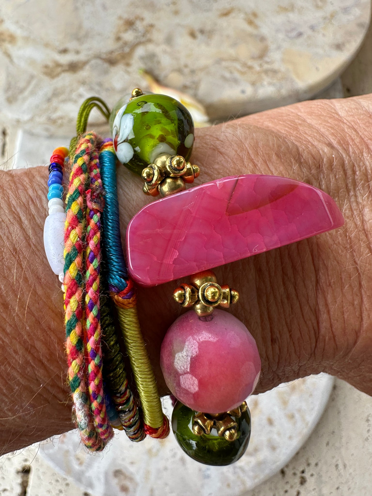 Agate Stone Beaded Charm Pink Bracelet