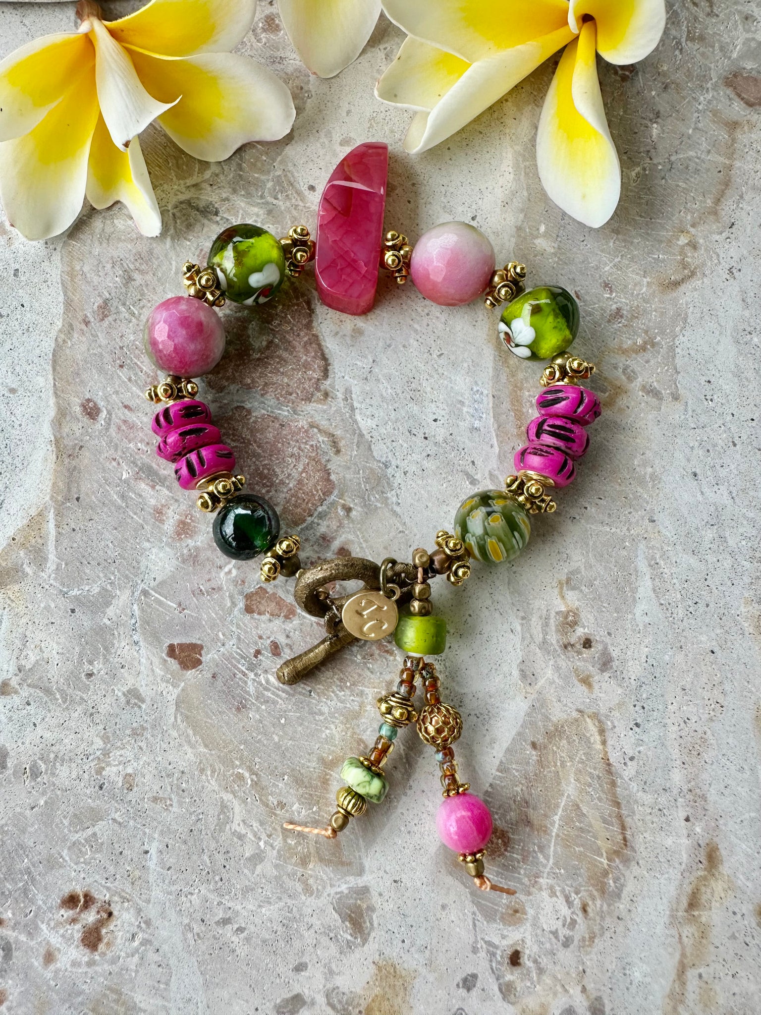 Agate Stone Beaded Charm Pink Bracelet