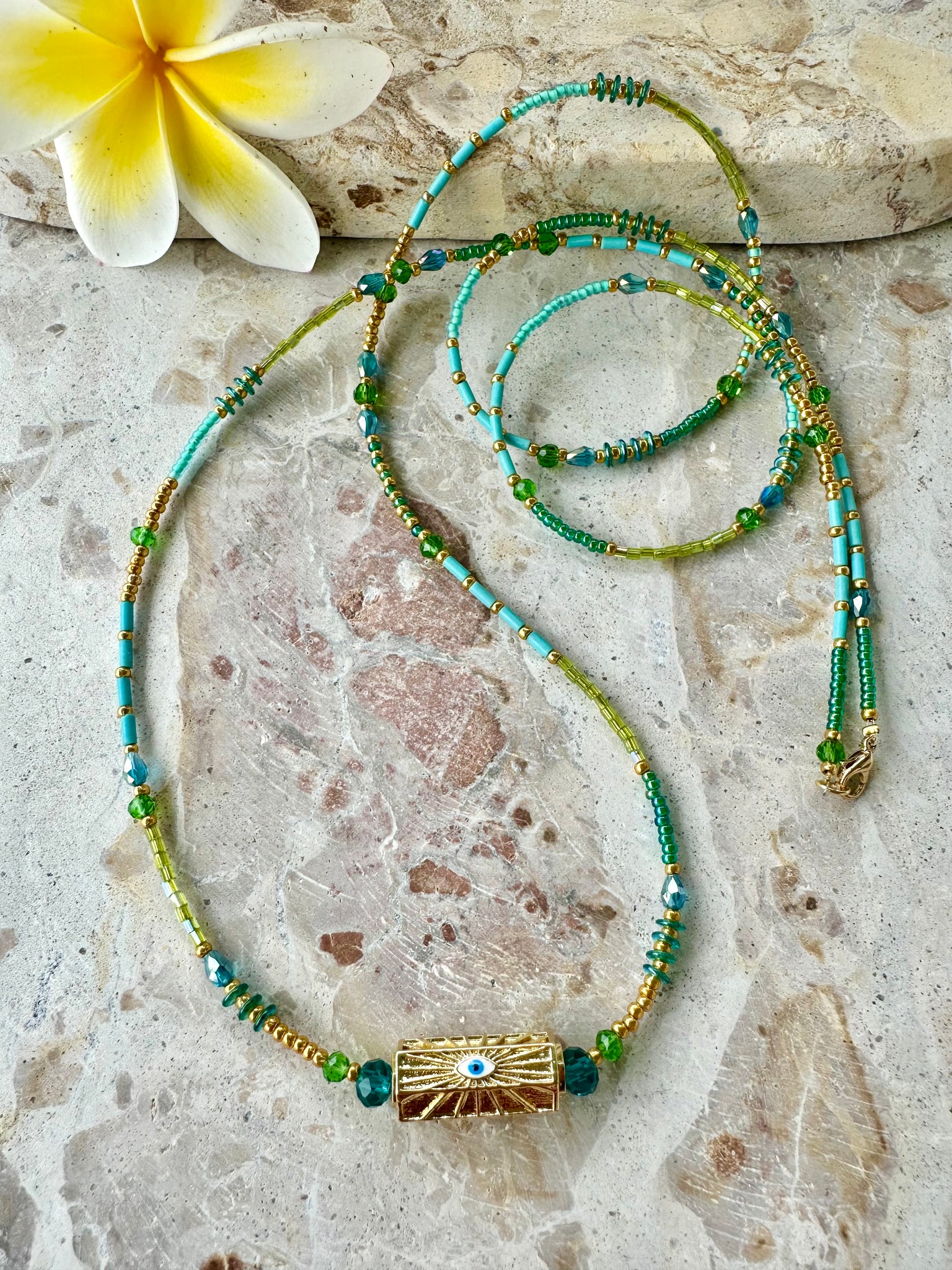 Green Evil Eye Seed Bead Crystal Necklace