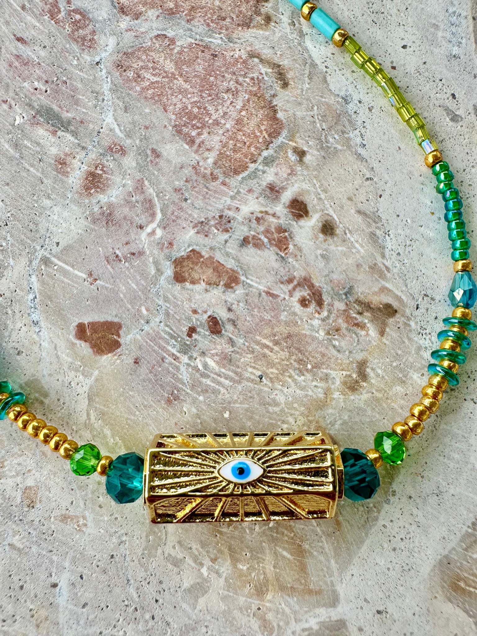 Green Evil Eye Seed Bead Crystal Necklace