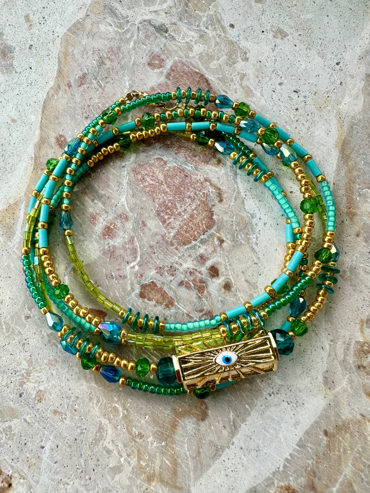 Green Evil Eye Seed Bead Crystal Necklace