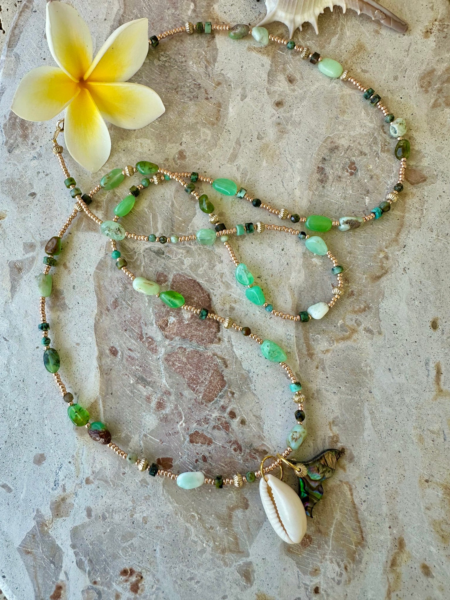 Turquoise Stone Beaded Shell Charm Necklace