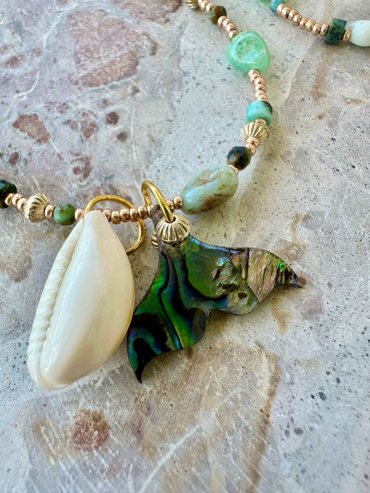 Turquoise Stone Beaded Shell Charm Necklace