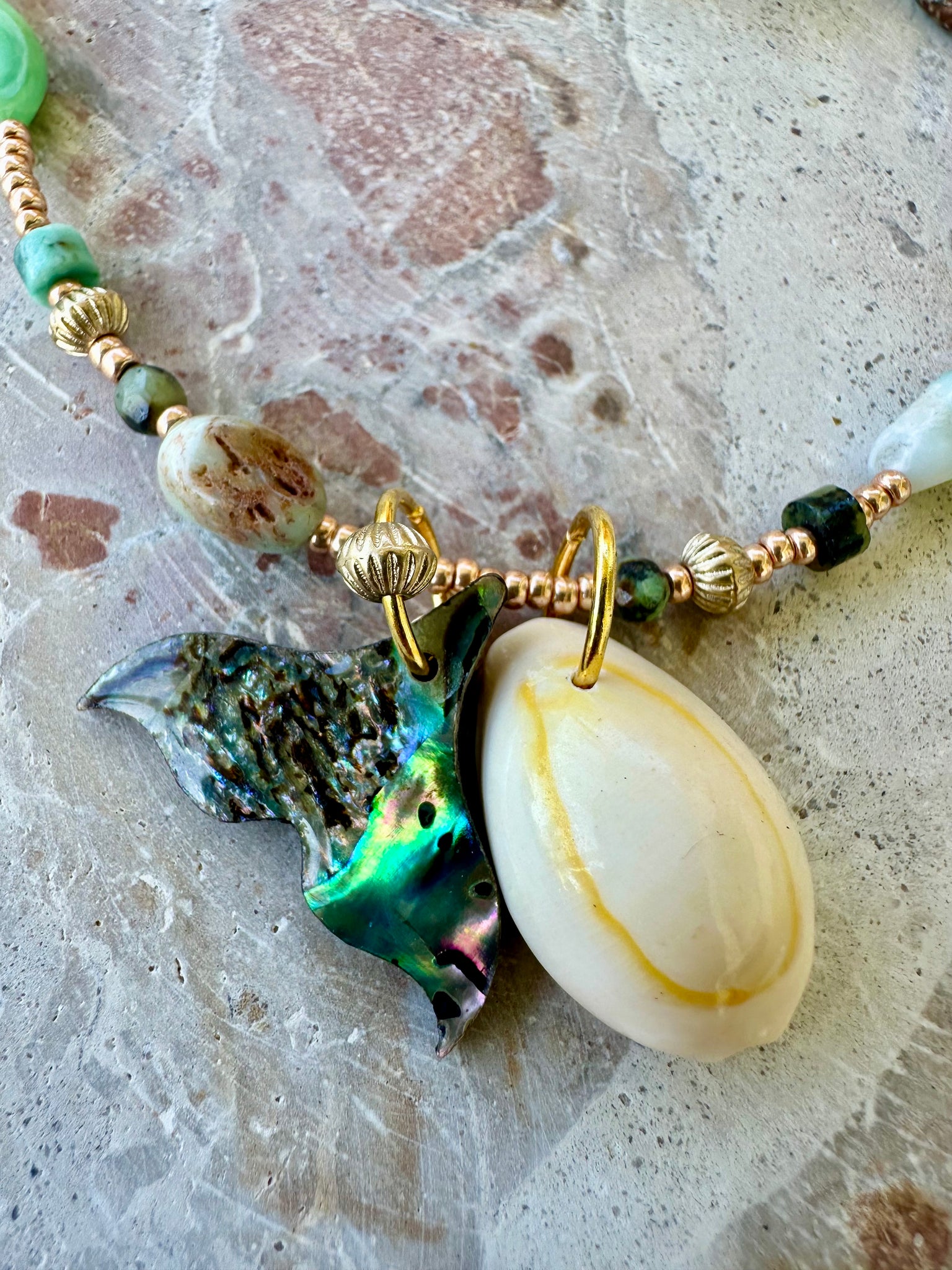 Turquoise Stone Beaded Shell Charm Necklace