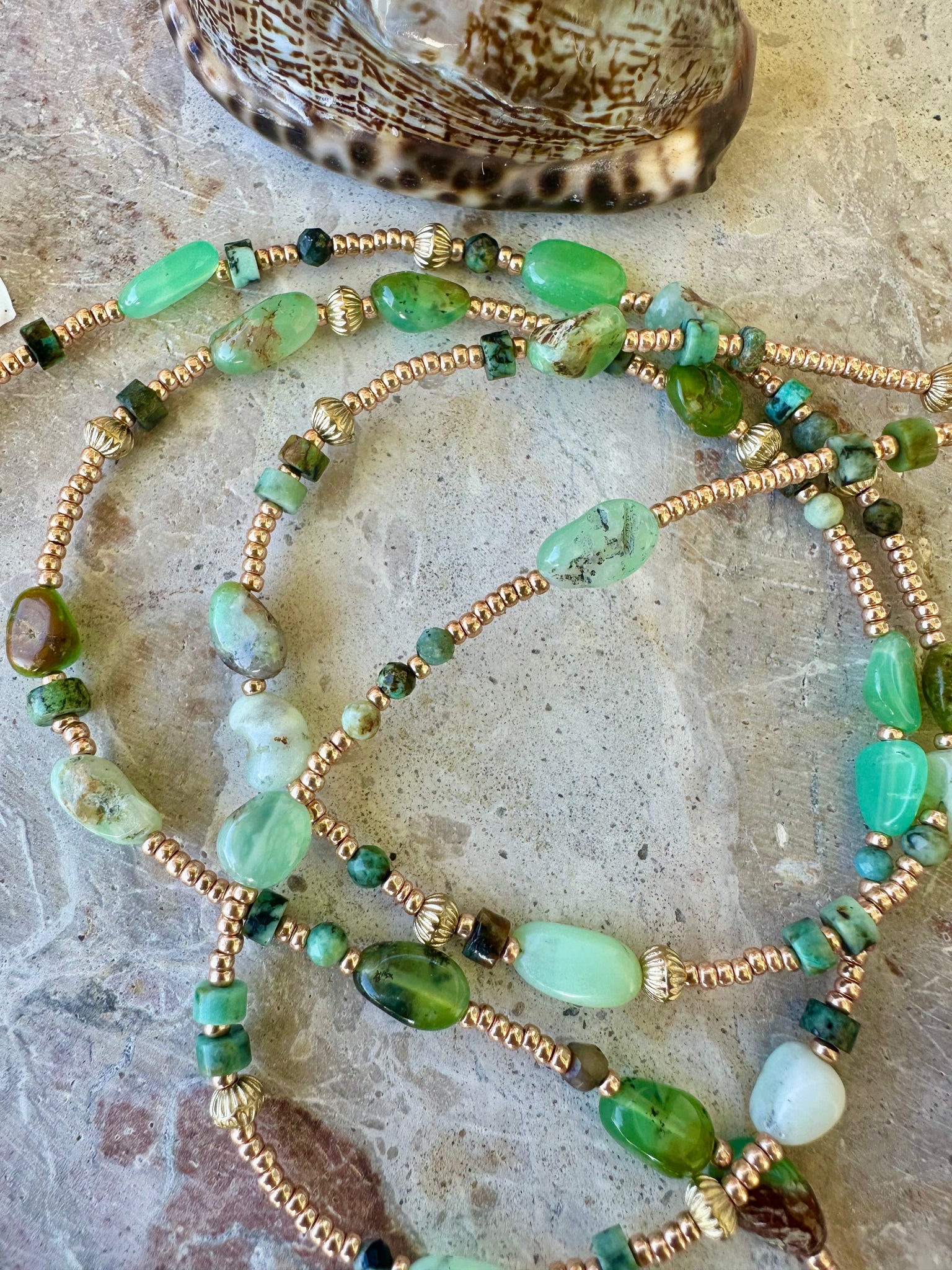 Turquoise Stone Beaded Shell Charm Necklace