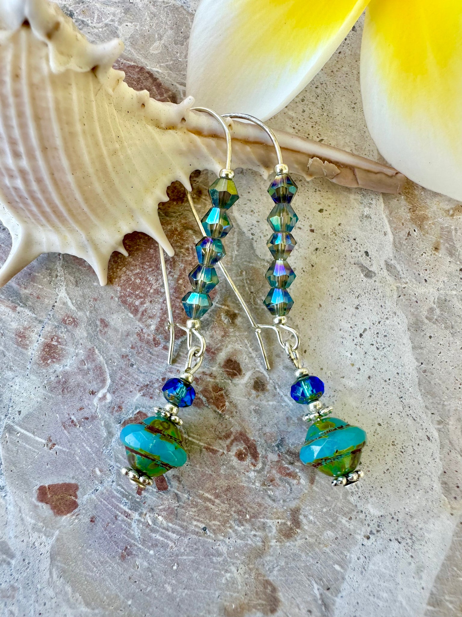 Turquoise Crystal Beaded Boho Silver Earrings