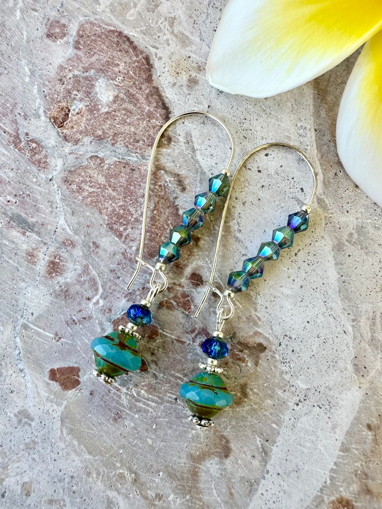 Turquoise Crystal Beaded Boho Silver Earrings