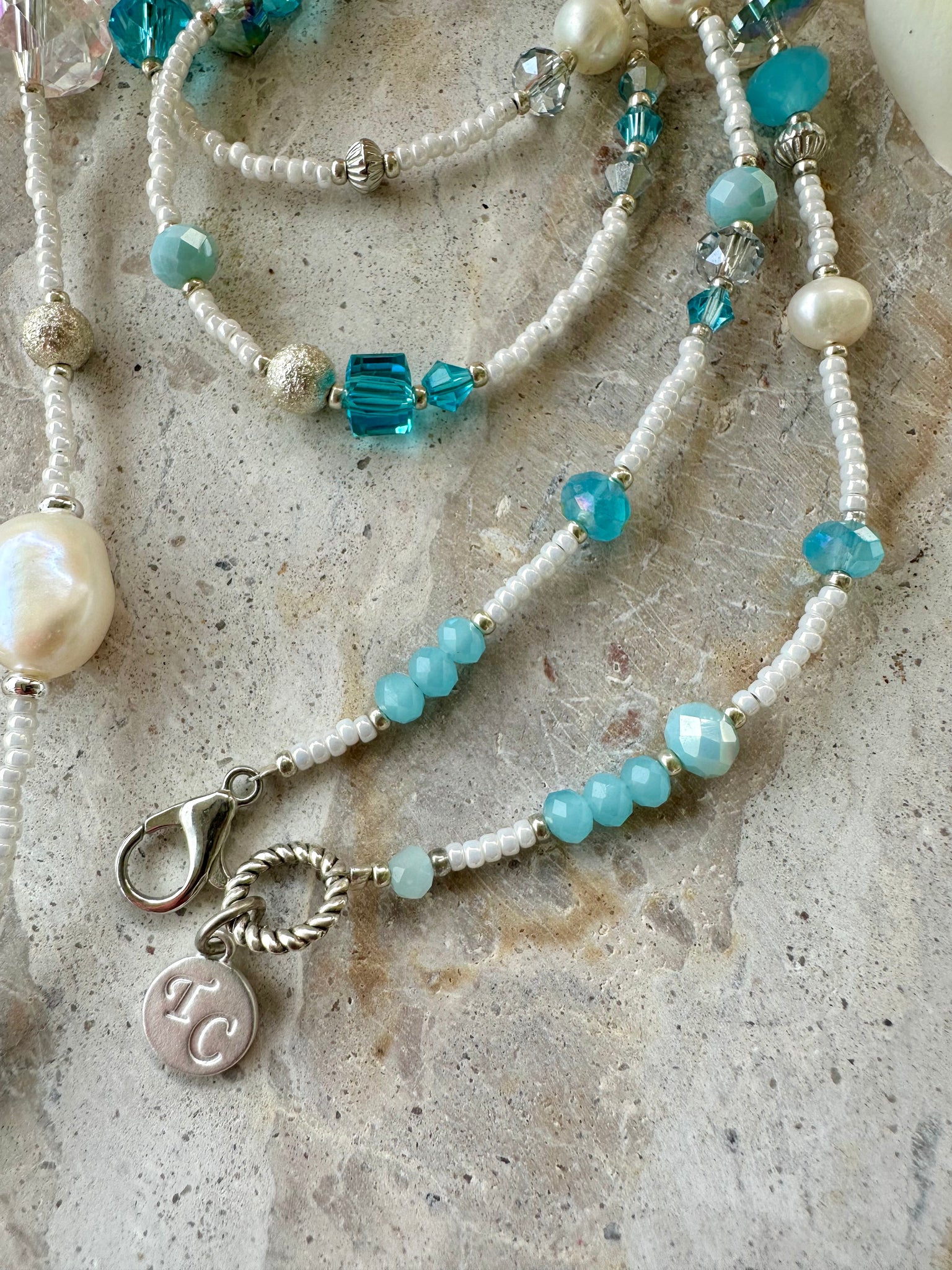 Crystal Blue Pearl Seed Bead Necklace