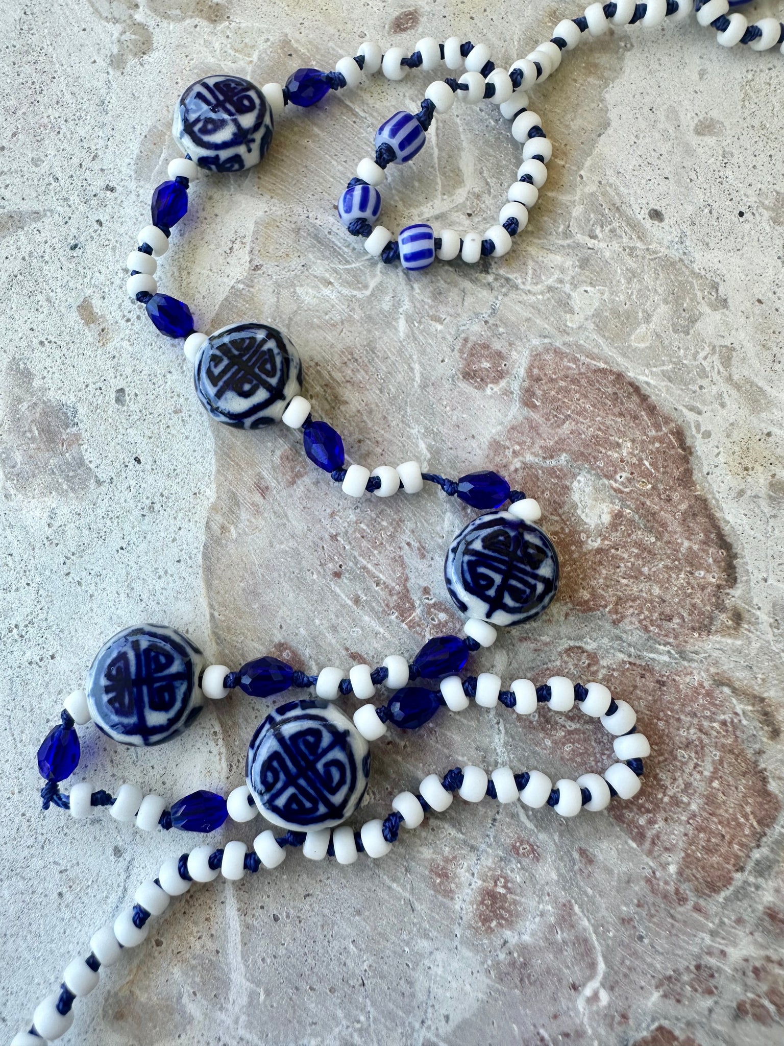 Blue White Knotted Seed Bead Necklace