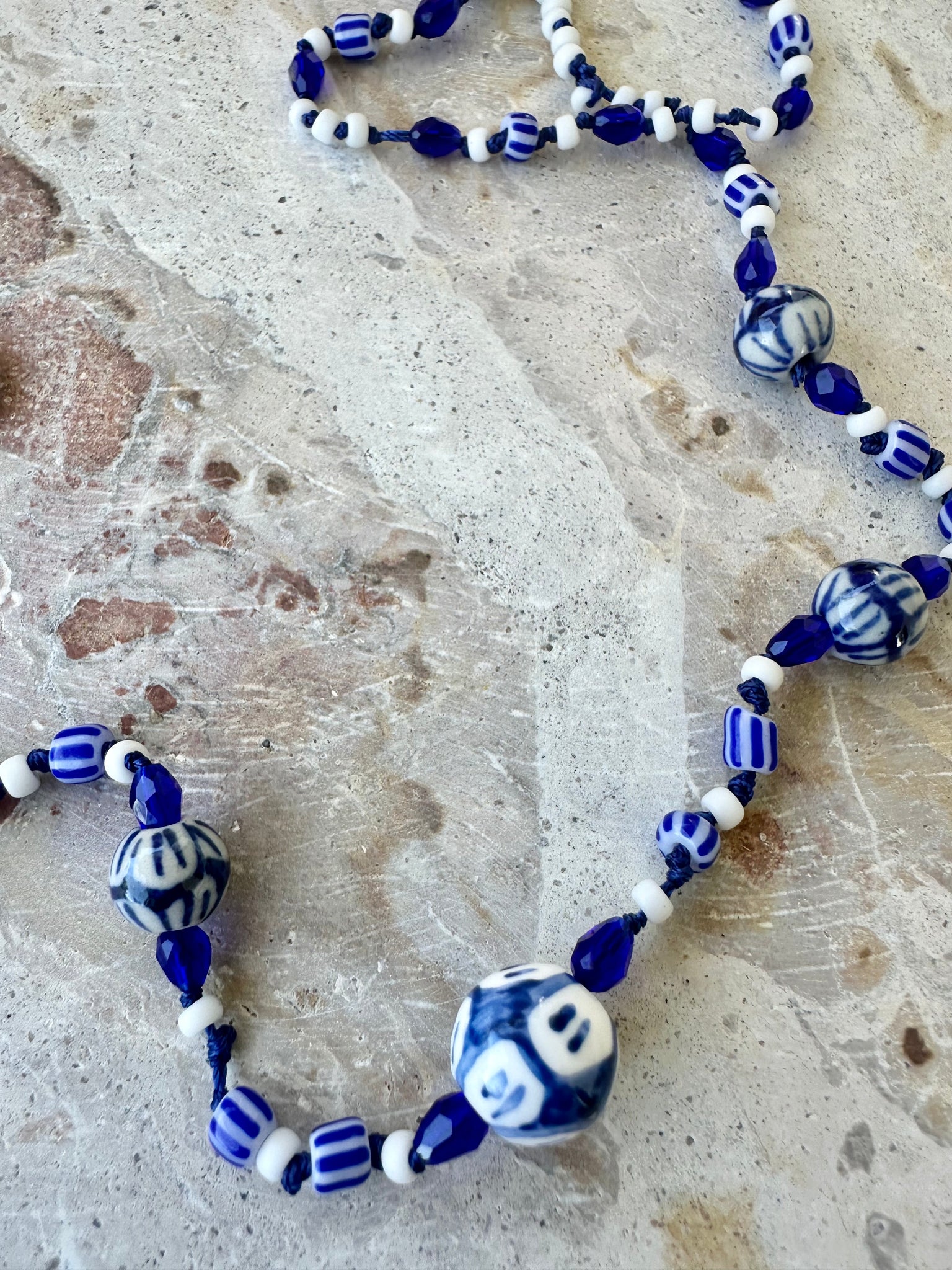Blue White Knotted Seed Bead Necklace