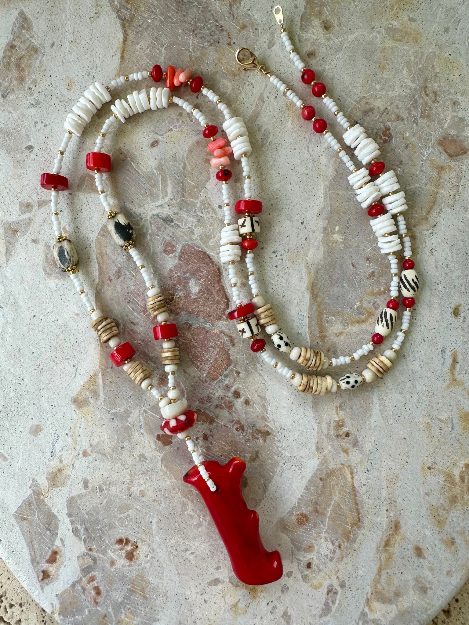 Red Coral White Shell Beaded Necklace