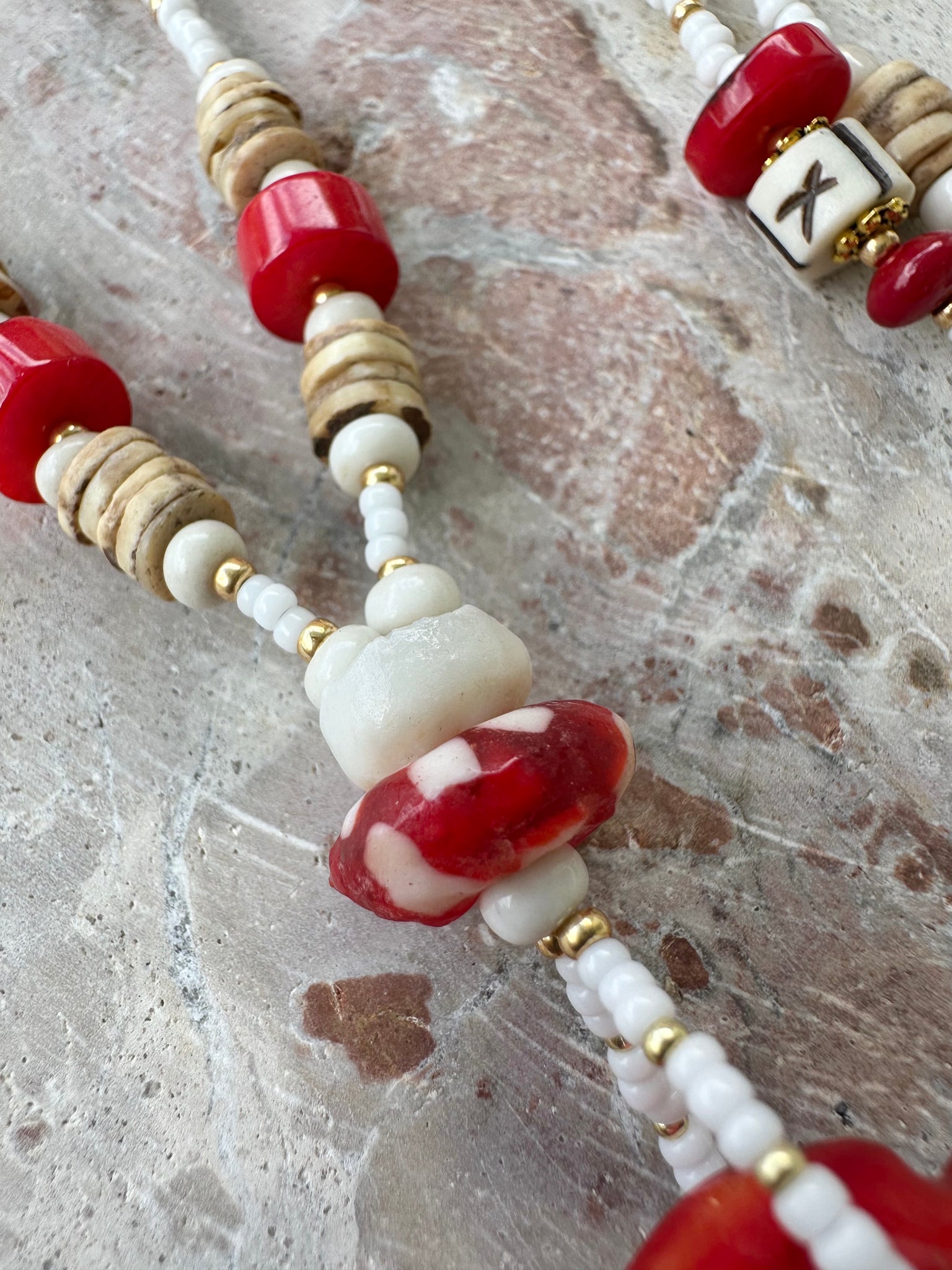 Red Coral White Shell Beaded Necklace