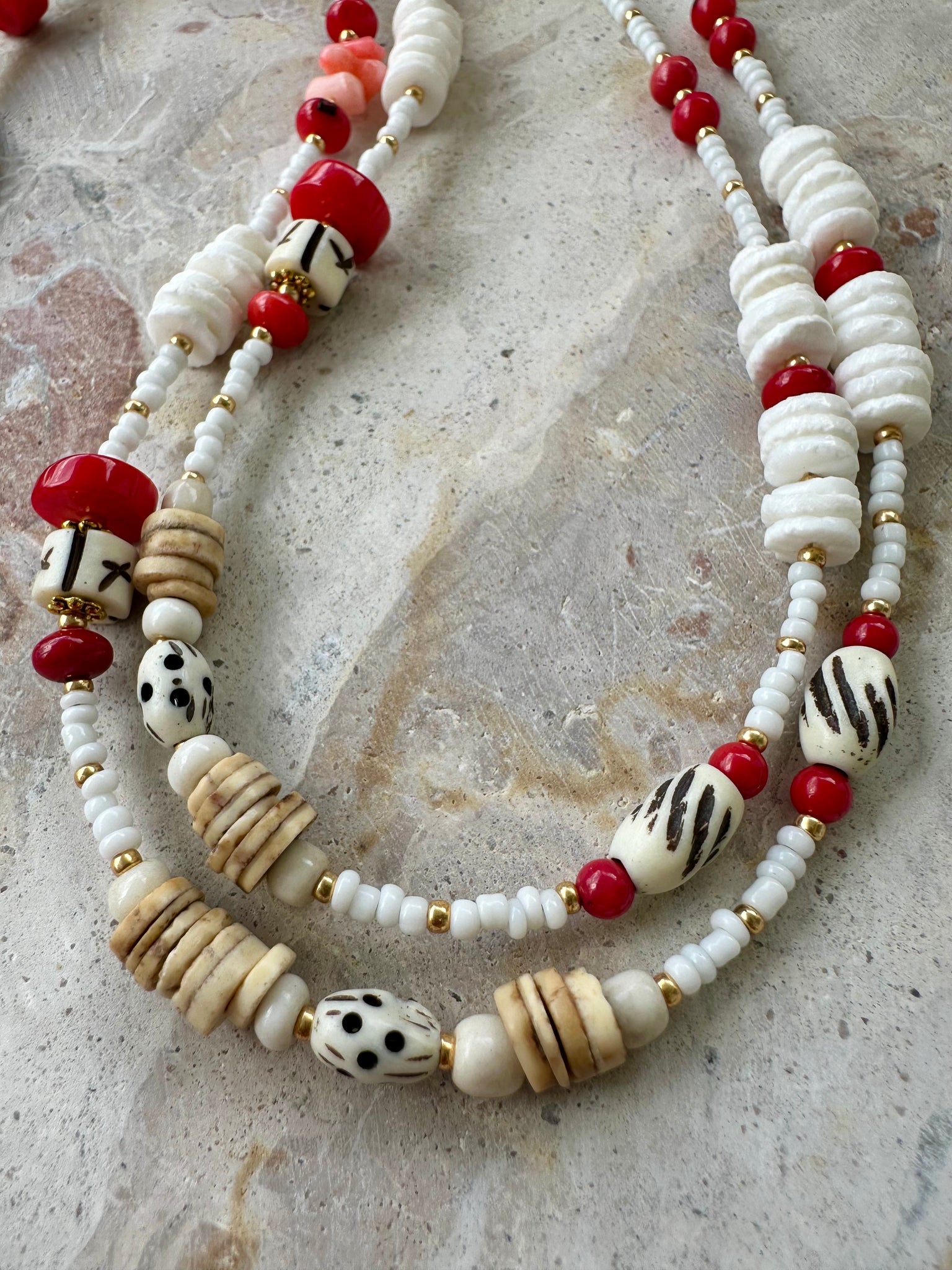 Red Coral White Shell Beaded Necklace