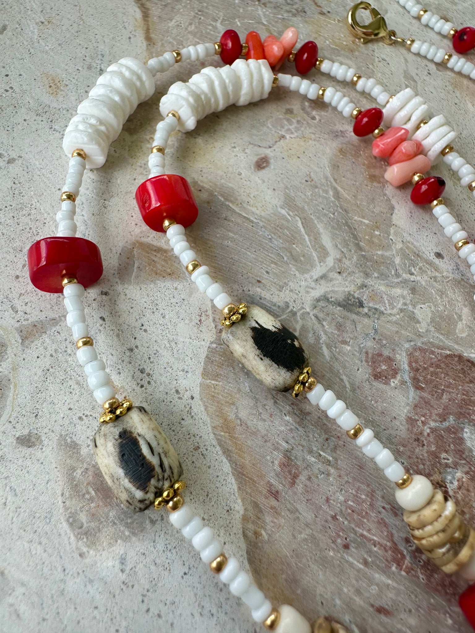 Red Coral White Shell Beaded Necklace