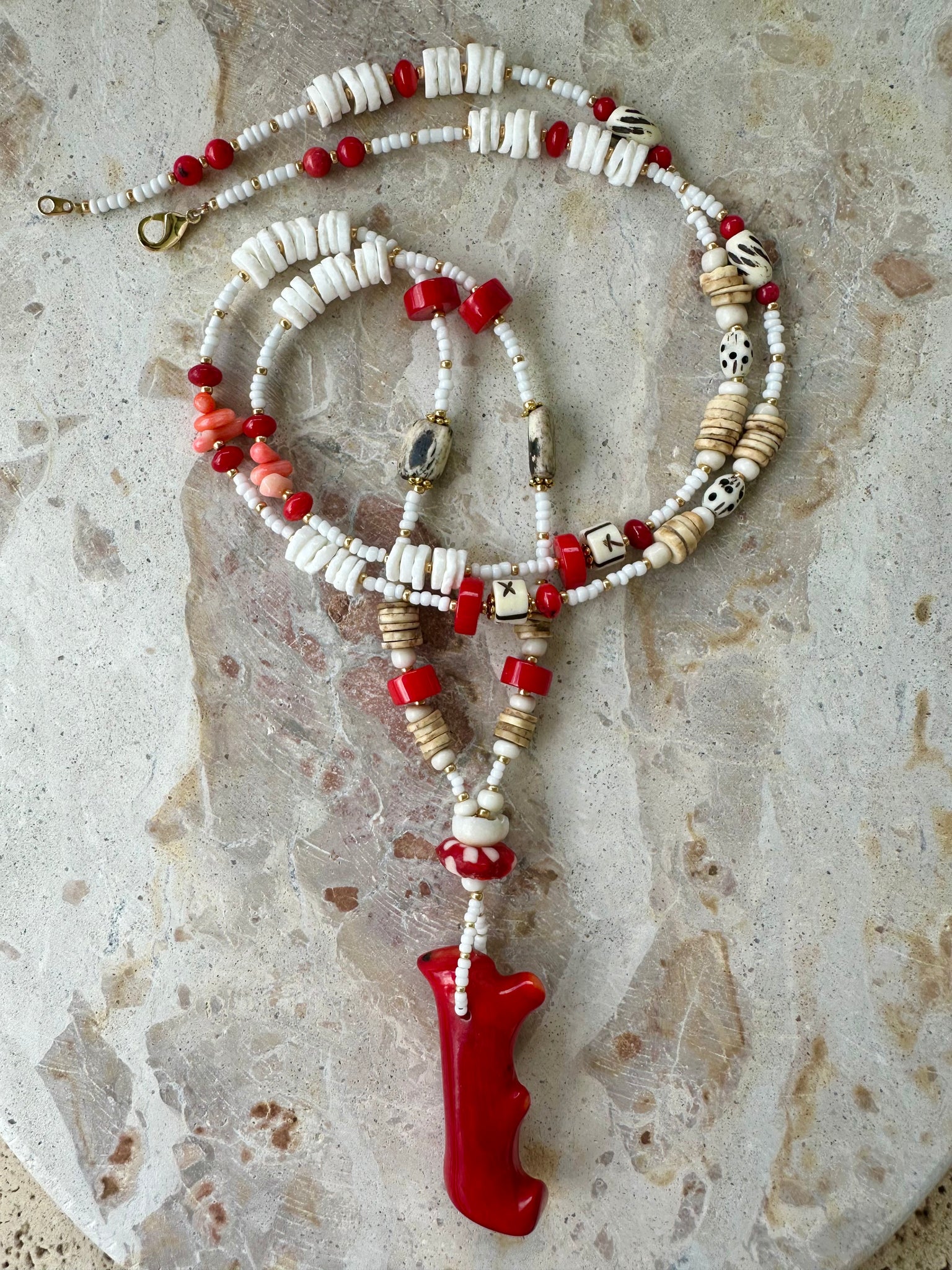 Red Coral White Shell Beaded Necklace