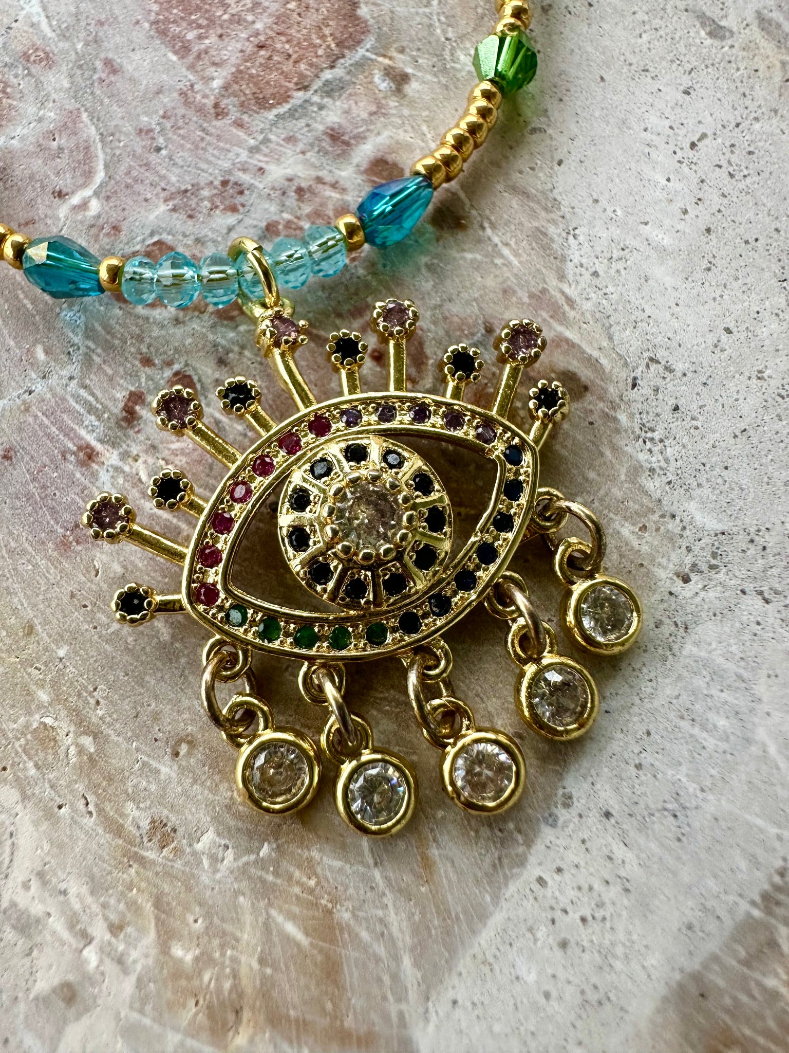 Aqua Green Gold Seed Bead Evil Eye Necklace