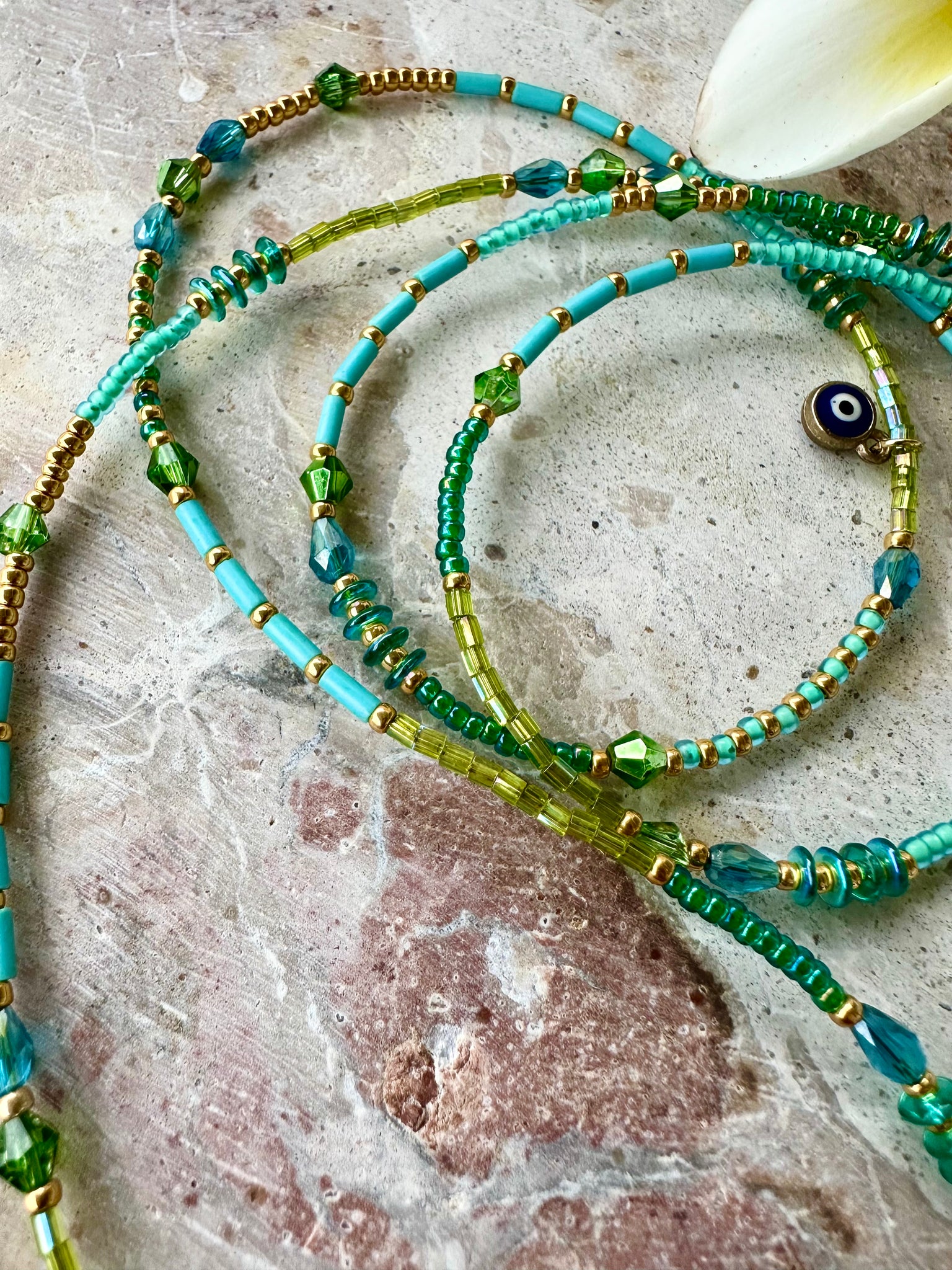 Aqua Green Gold Seed Bead Evil Eye Necklace