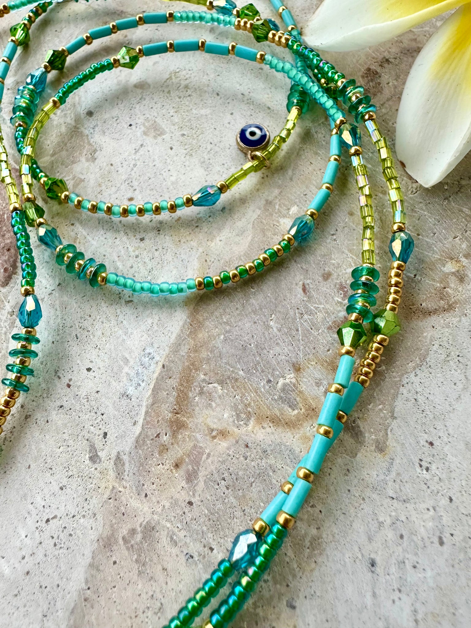 Aqua Green Gold Seed Bead Evil Eye Necklace