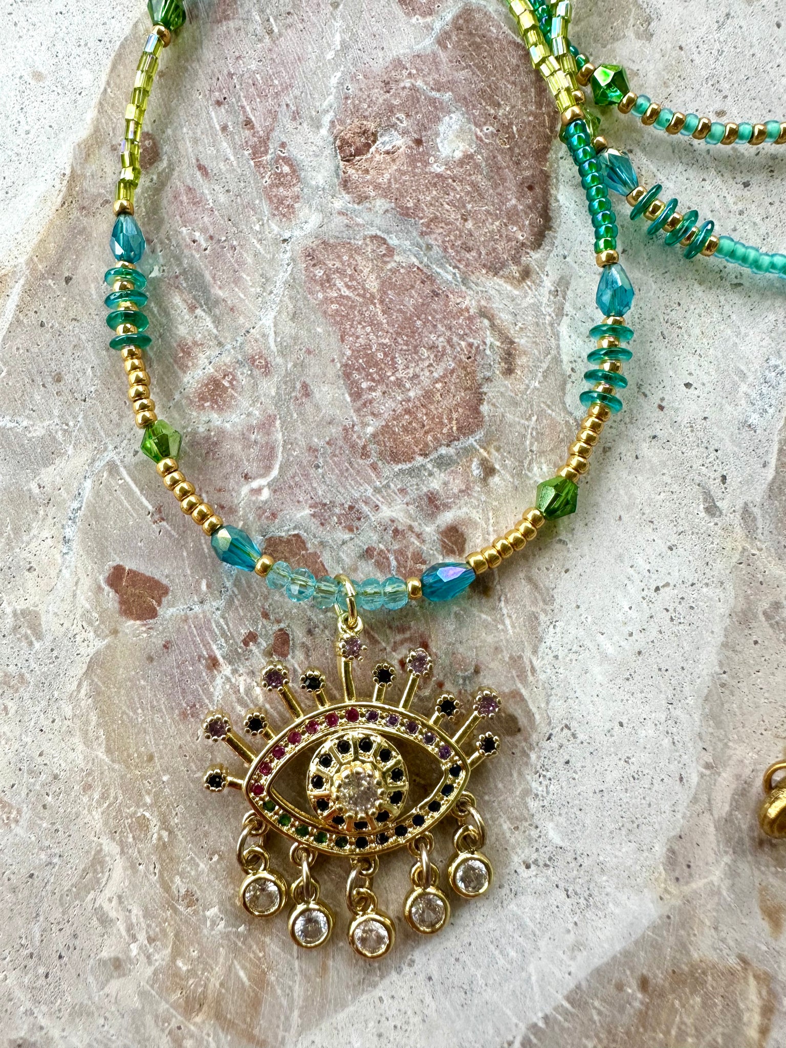 Aqua Green Gold Seed Bead Evil Eye Necklace