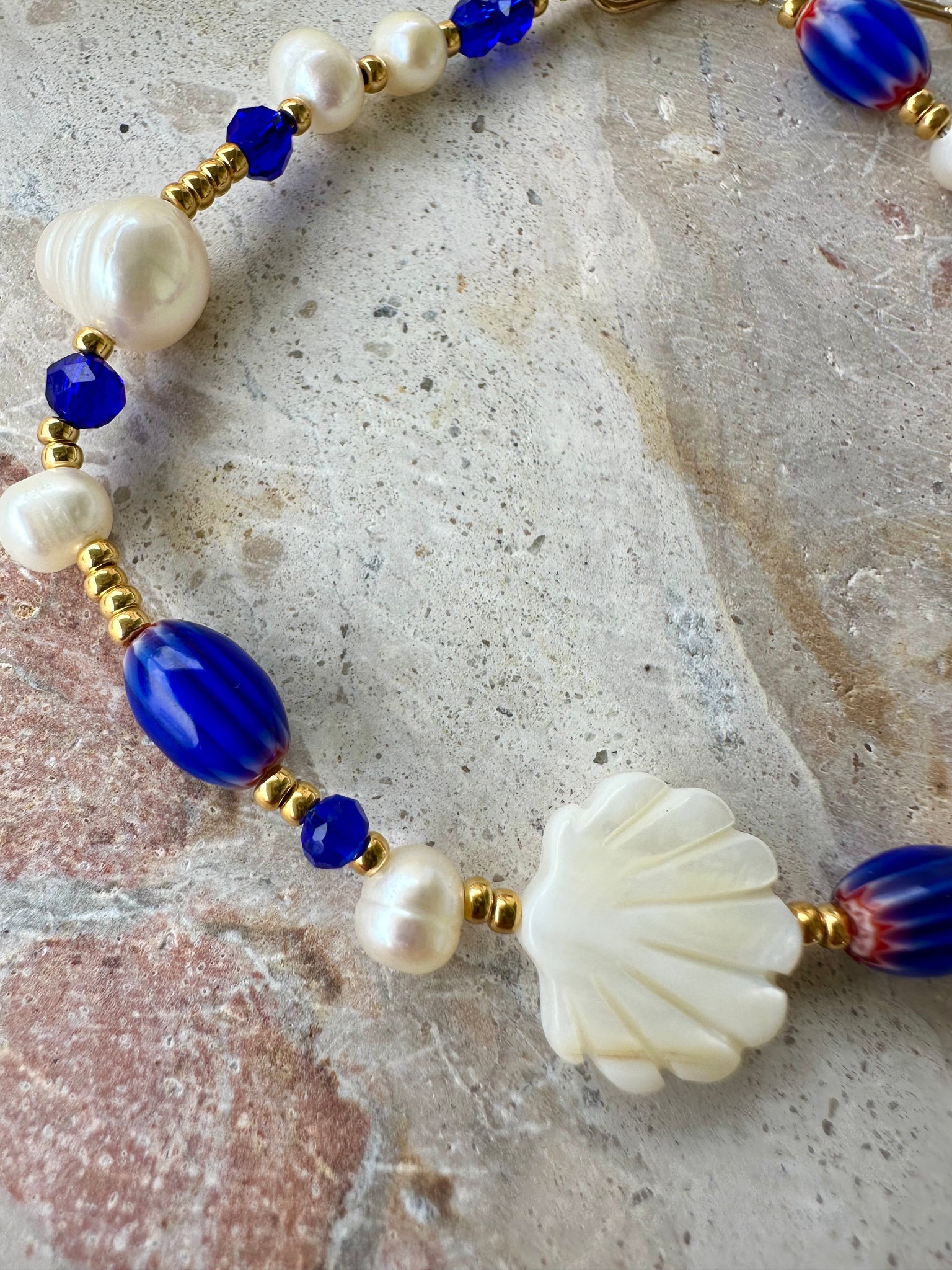 White Shell Pearl Crystal Beaded Bracelet