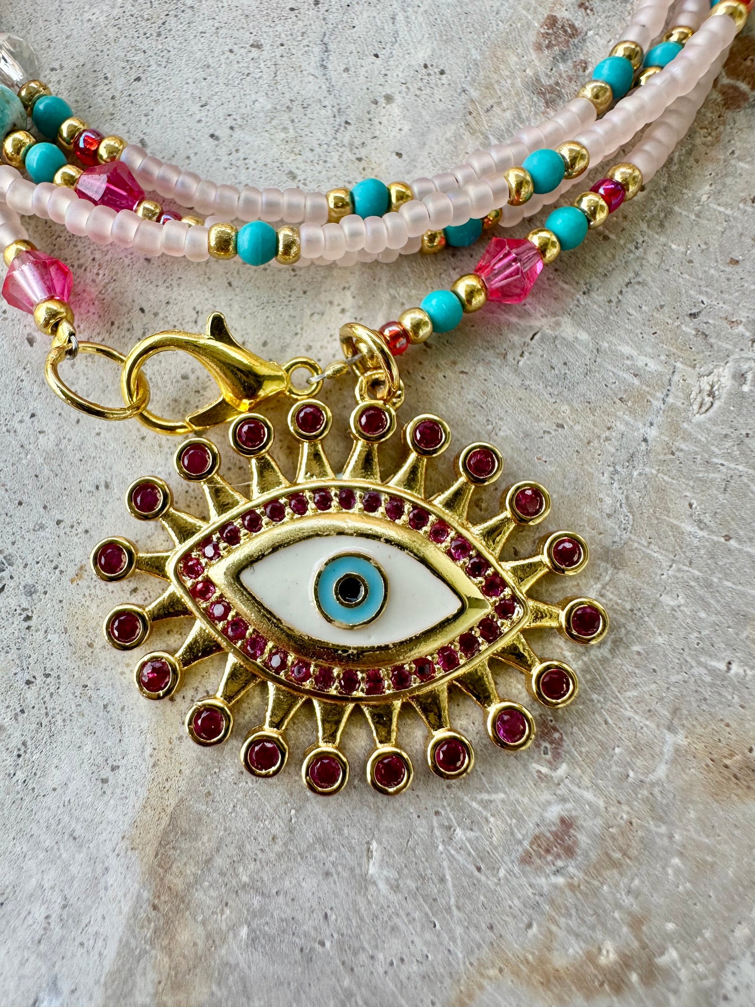 Evil Eye Pink Beaded Bracelet