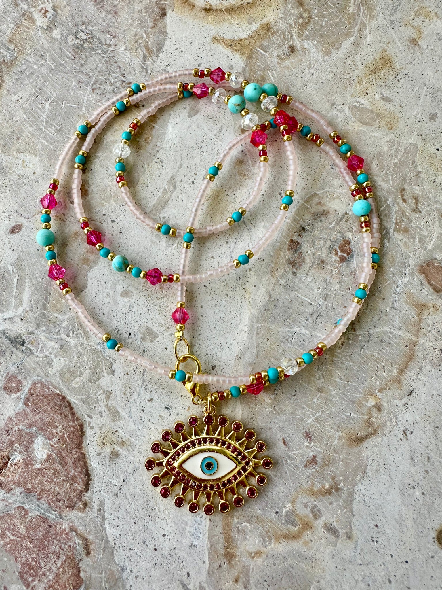 Evil Eye Pink Beaded Bracelet